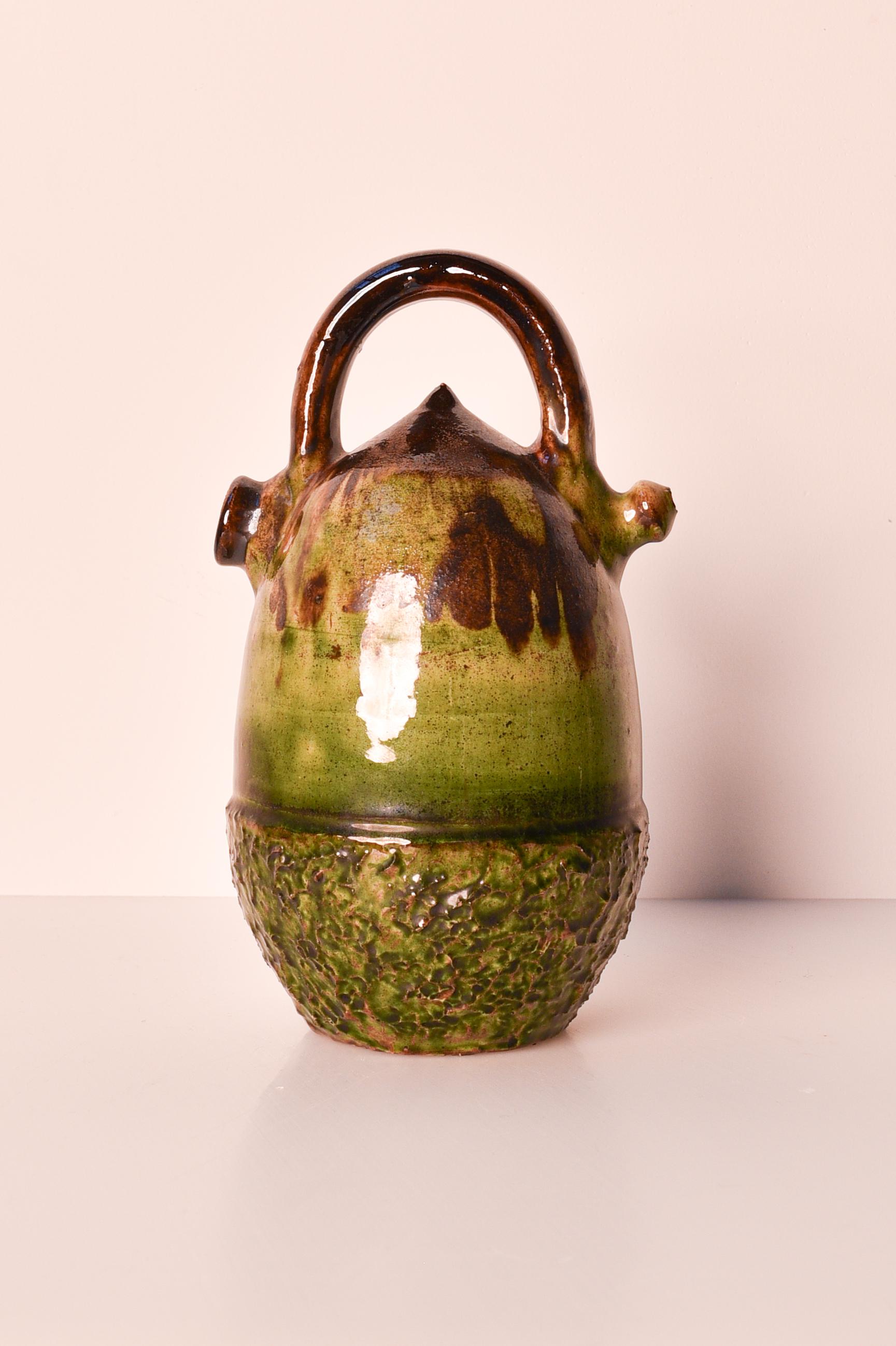 Late 20th Century Spanish glazed terracotta botijo/ búcaro or water jar in the shape of an acorn For Sale