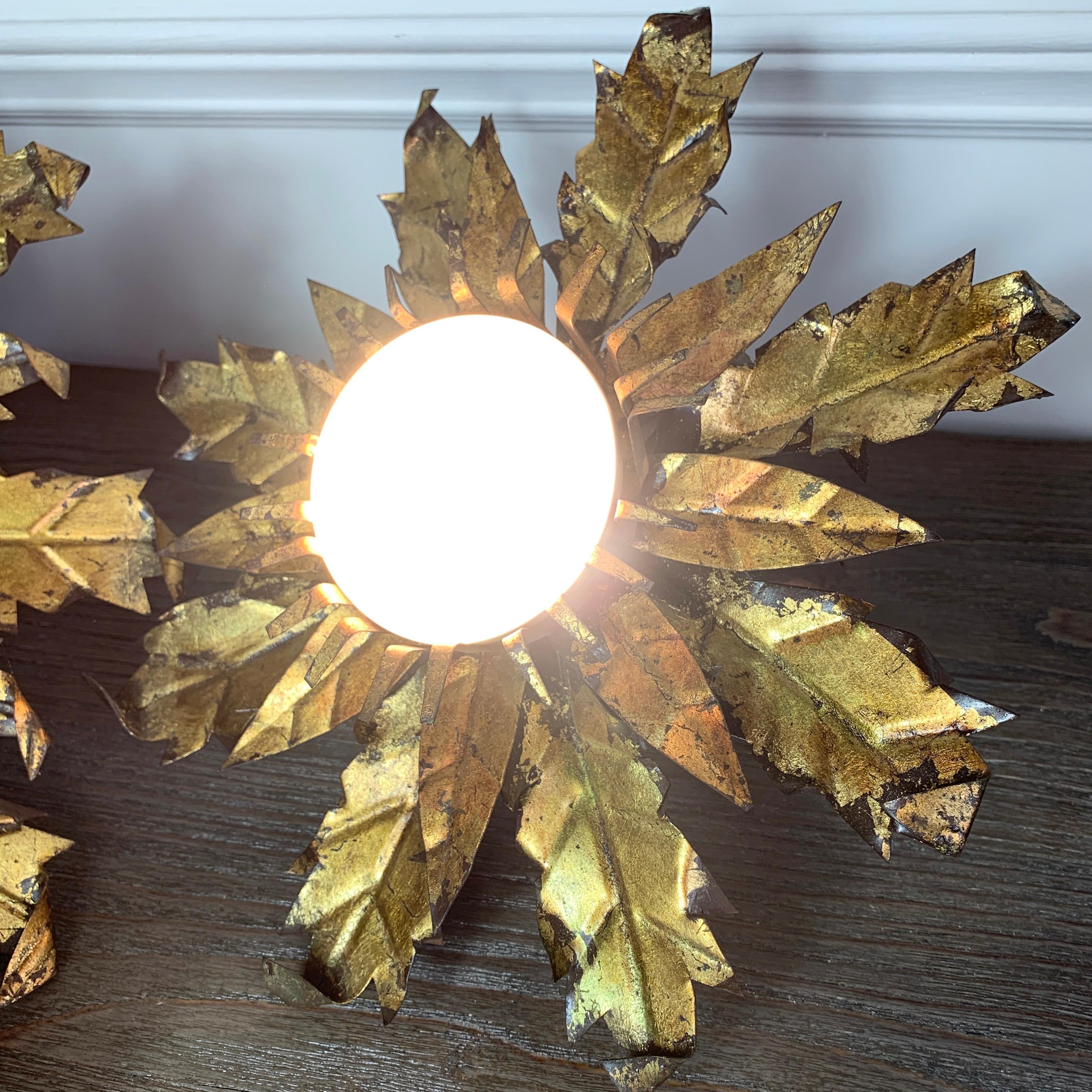 Spanish Gold Gilt Crown Flush Lights 1950s In Good Condition For Sale In Hastings, GB