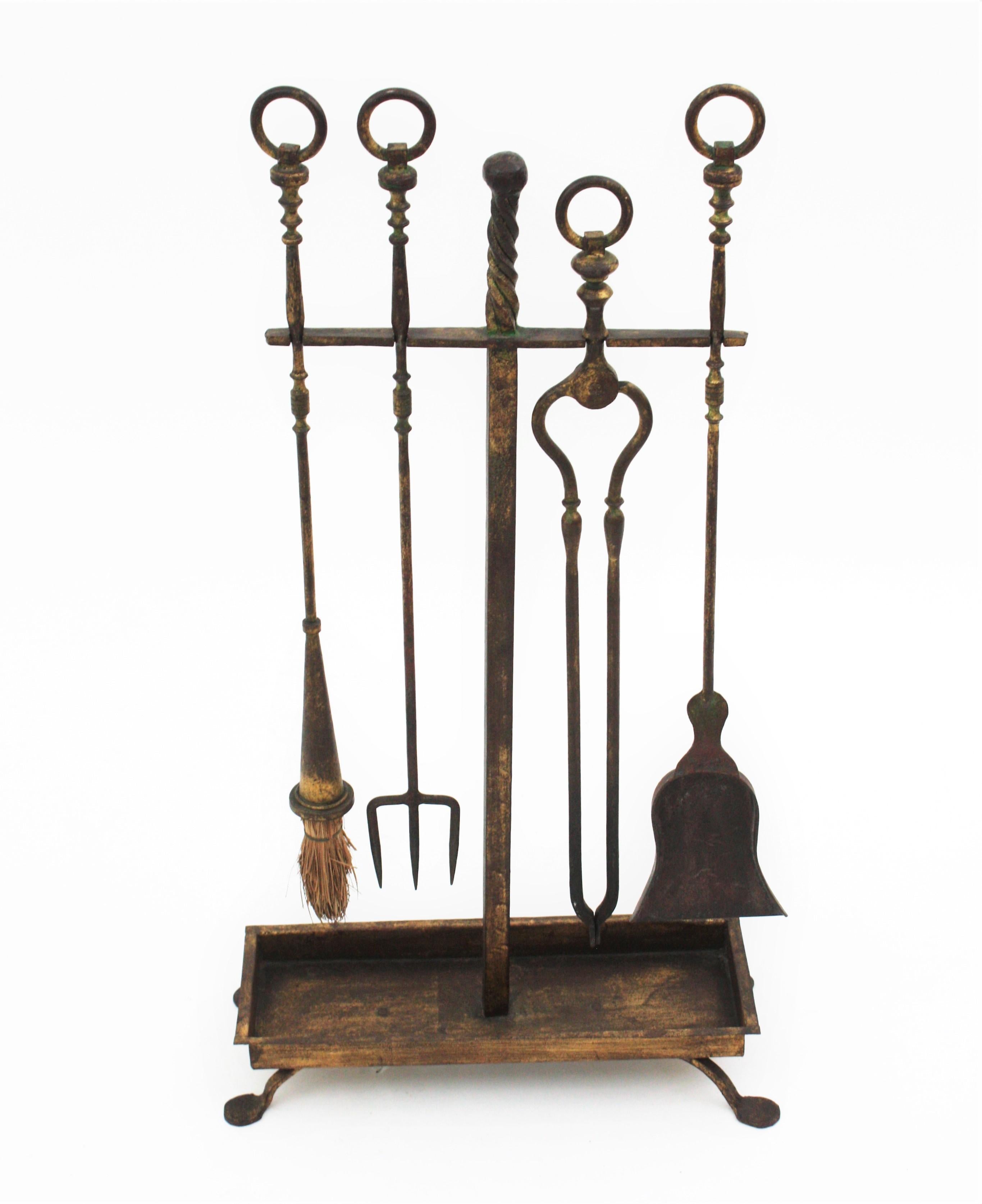  Spanish Gothic Revival Fireplace Tool Set Stand, Gilt Wrought Iron 7