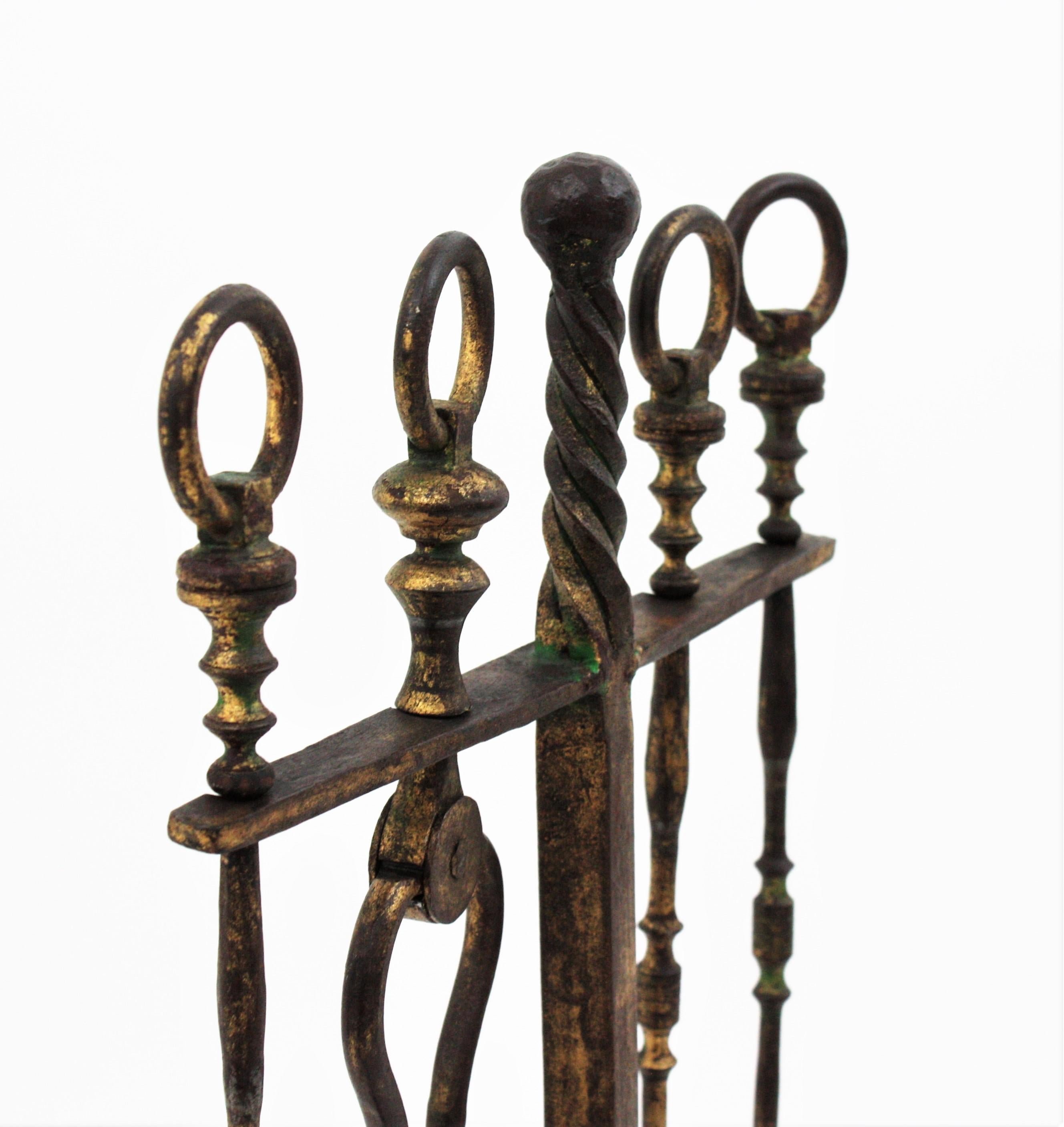 Forged  Spanish Gothic Revival Fireplace Tool Set Stand, Gilt Wrought Iron