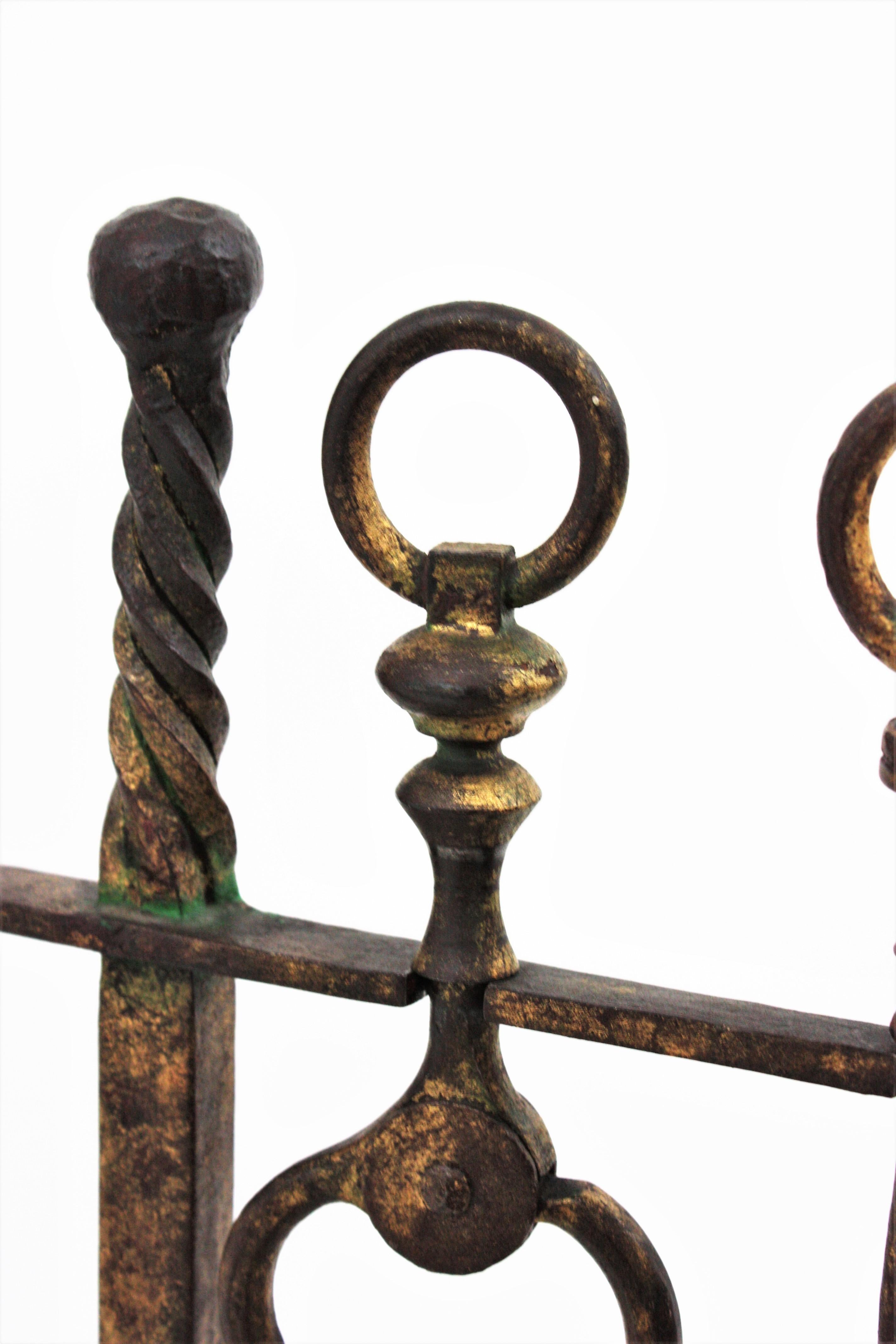  Spanish Gothic Revival Fireplace Tool Set Stand, Gilt Wrought Iron In Good Condition In Barcelona, ES