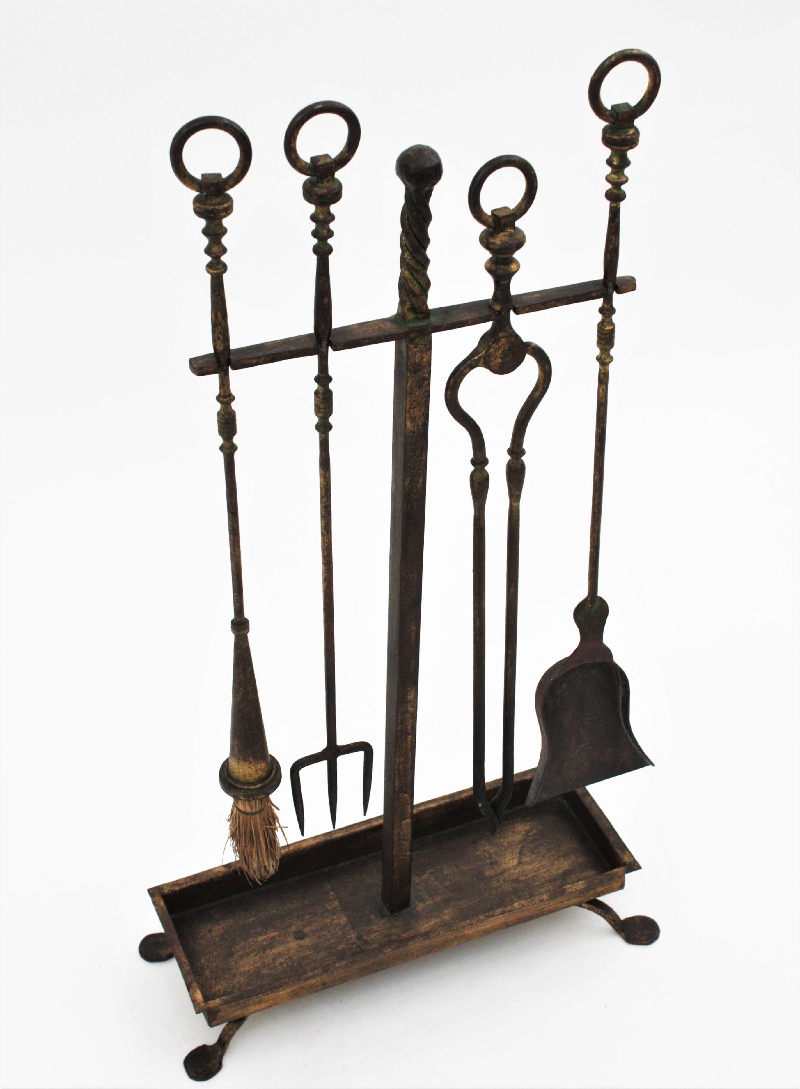  Spanish Gothic Revival Fireplace Tool Set Stand, Gilt Wrought Iron 2
