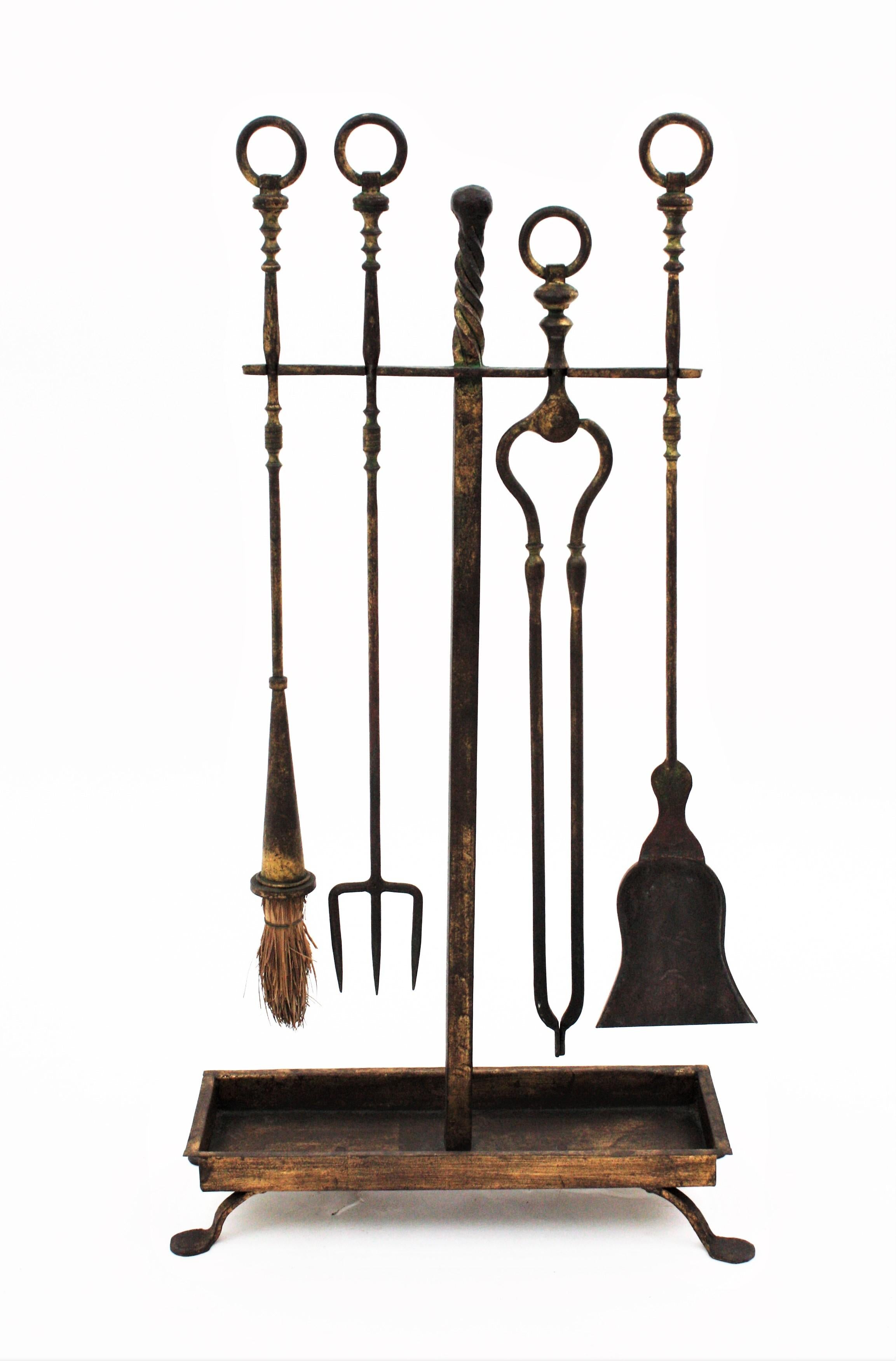  Spanish Gothic Revival Fireplace Tool Set Stand, Gilt Wrought Iron 3