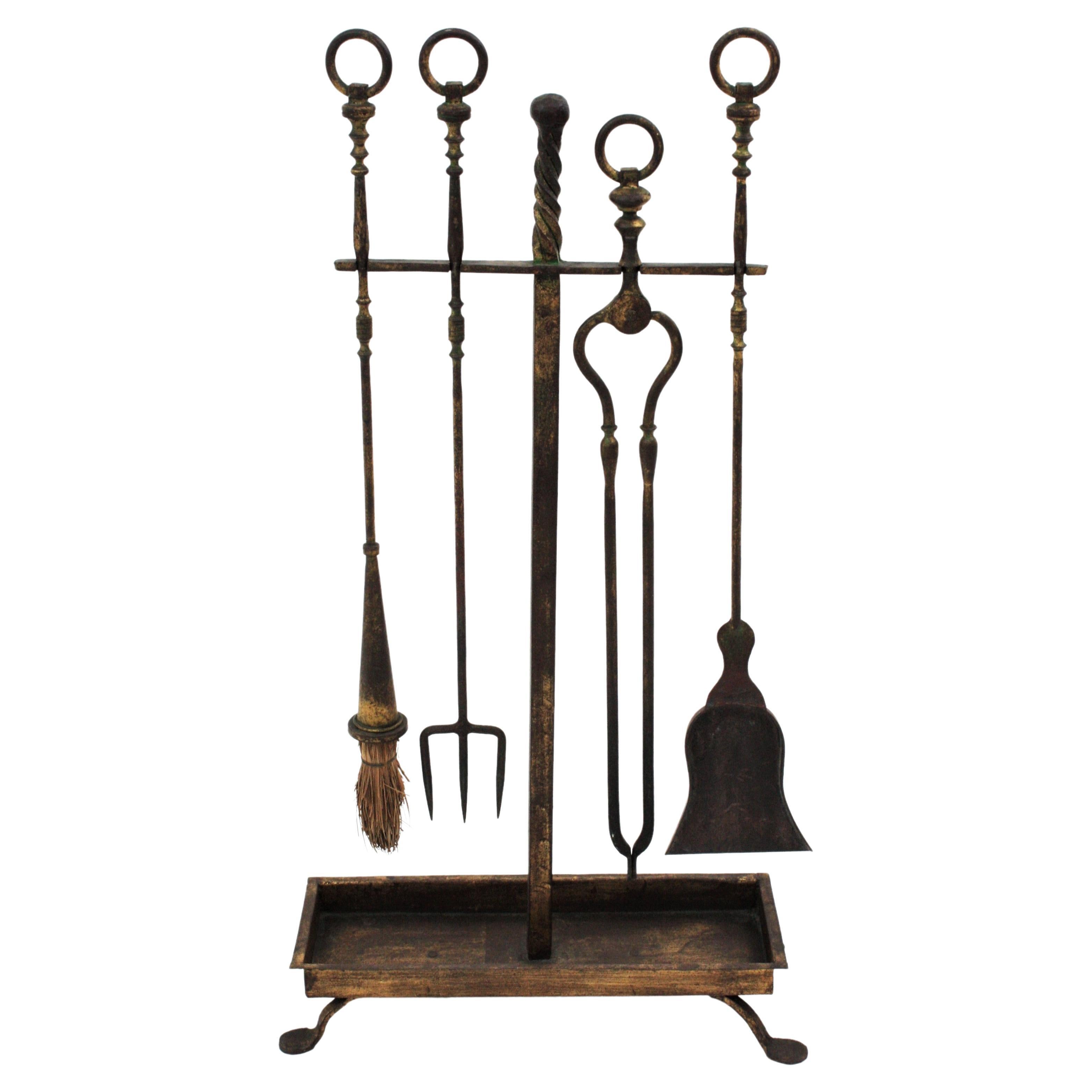  Spanish Gothic Revival Fireplace Tool Set Stand, Gilt Wrought Iron
