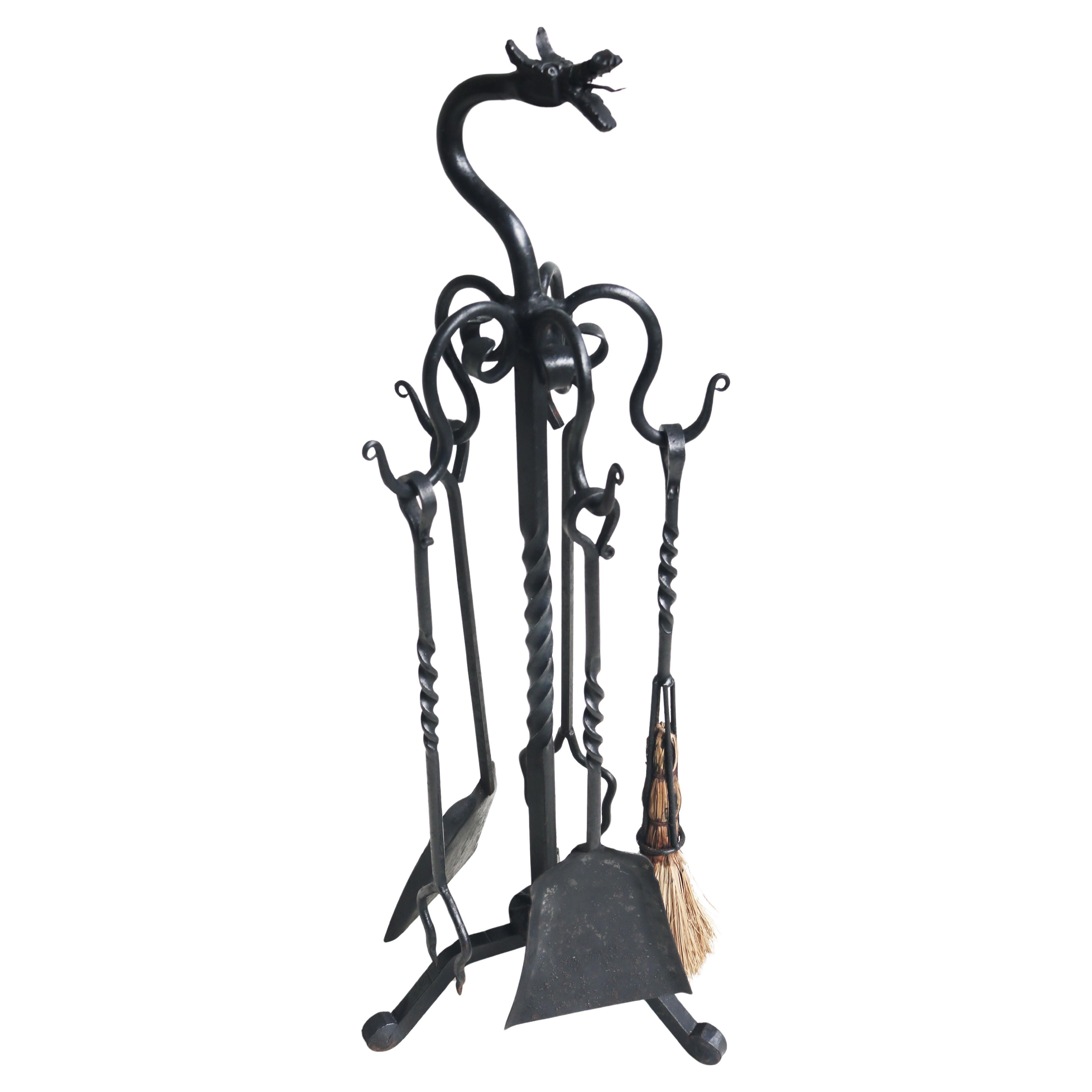 Spanish Gothic Revival fireplace tool set wrought iron dragon 1920 hand forged