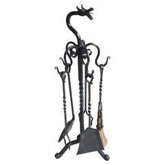 Spanish Gothic Revival fireplace tool set wrought iron dragon 1920 hand forged