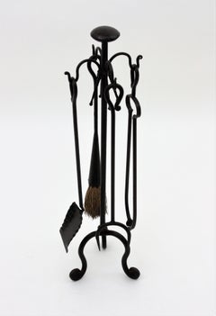 Spanish Gothic Revival Fireplace Tools Set Stand in Wrought Iron