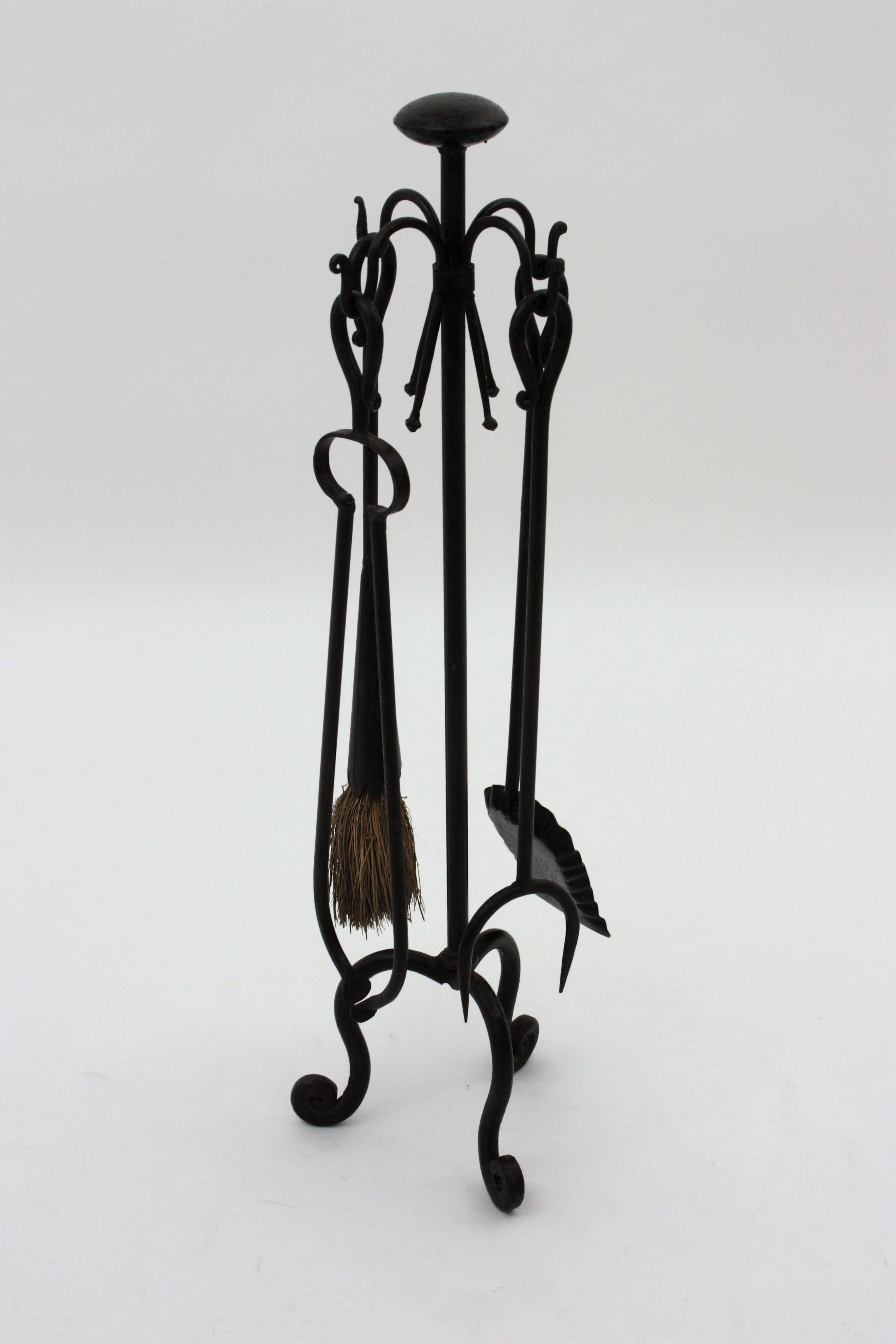 Forged  Spanish Gothic Revival Fireplace Tools Set Stand in Wrought Iron For Sale