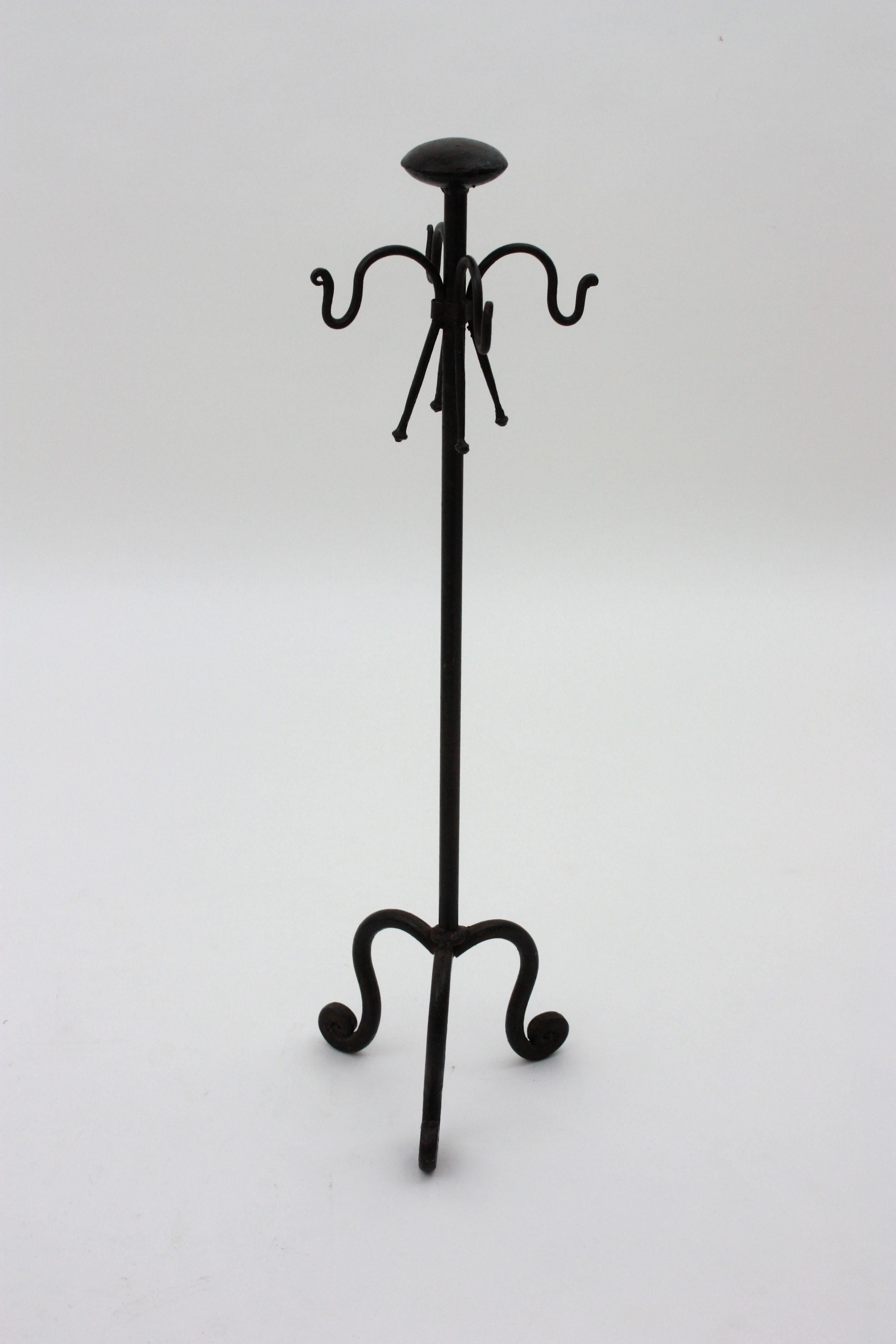  Spanish Gothic Revival Fireplace Tools Set Stand in Wrought Iron For Sale 2
