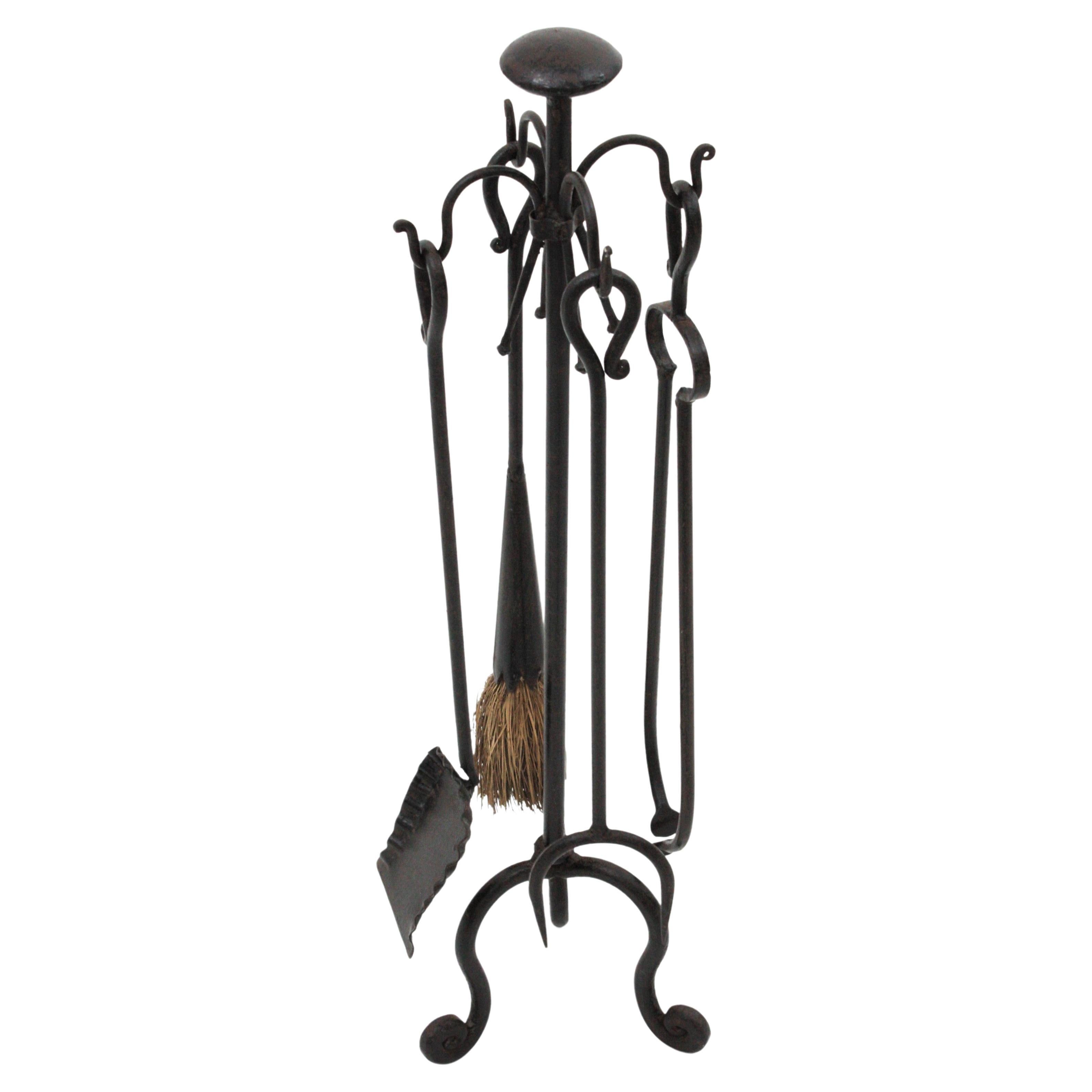  Spanish Gothic Revival Fireplace Tools Set Stand in Wrought Iron For Sale