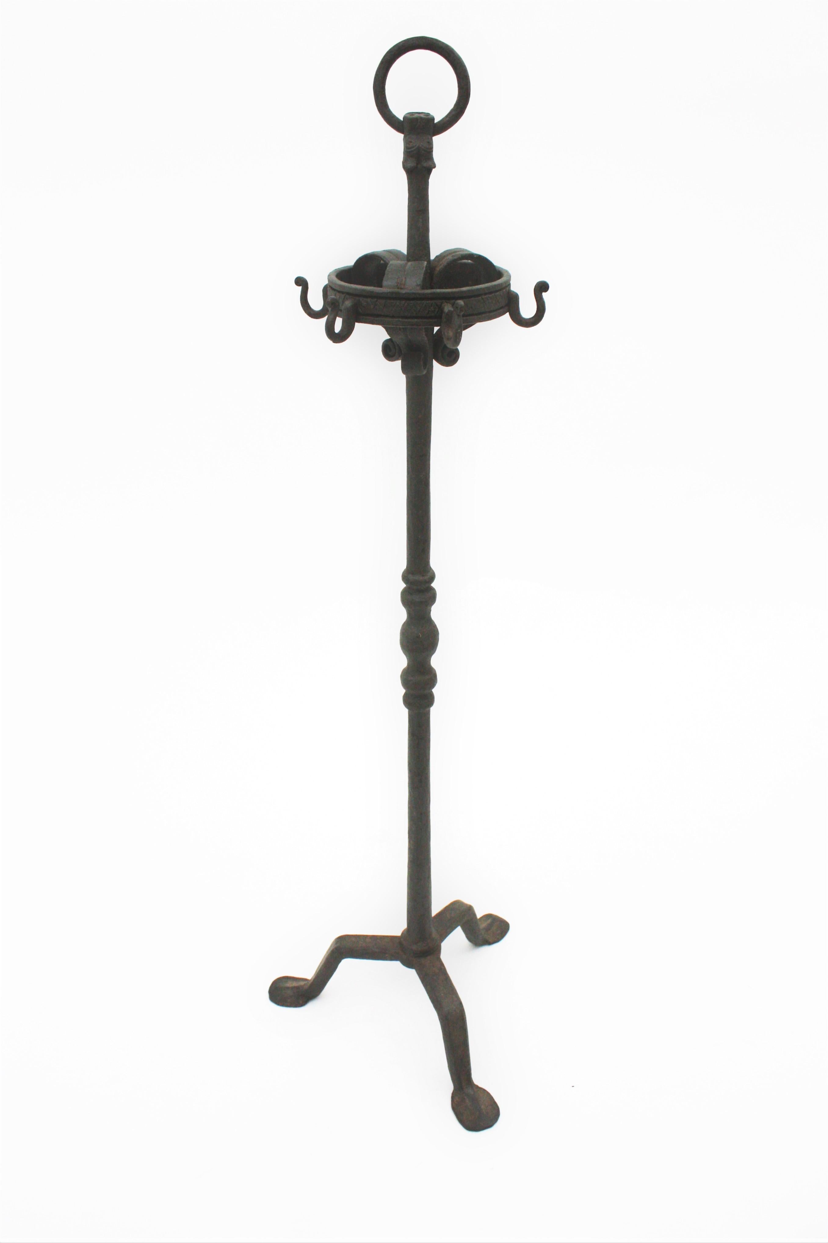 Spanish Gothic Revival Fireplace Tools Stand in Wrought Iron with Dragon Motif 6