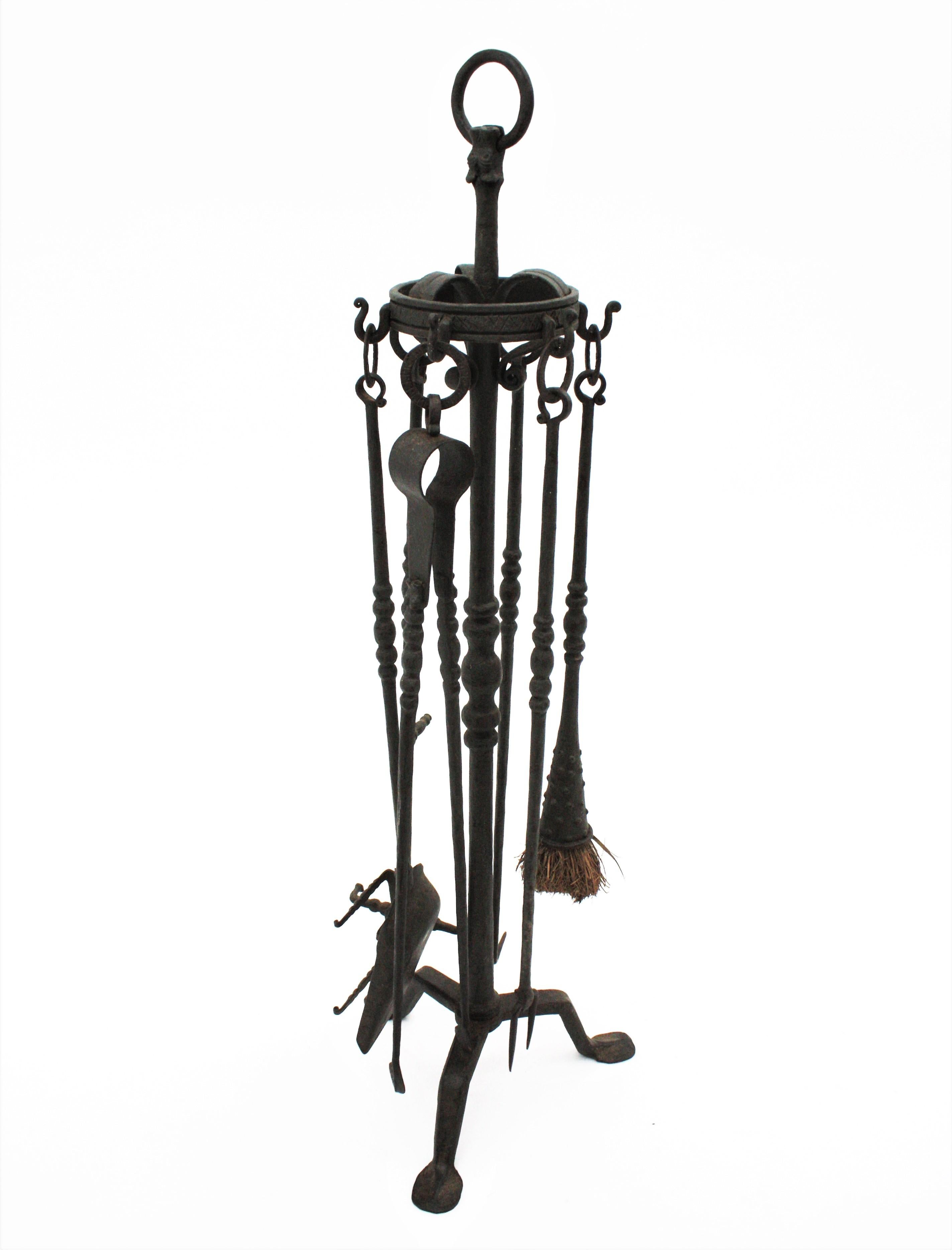 Spanish Gothic Revival Fireplace Tools Stand in Wrought Iron with Dragon Motif 7