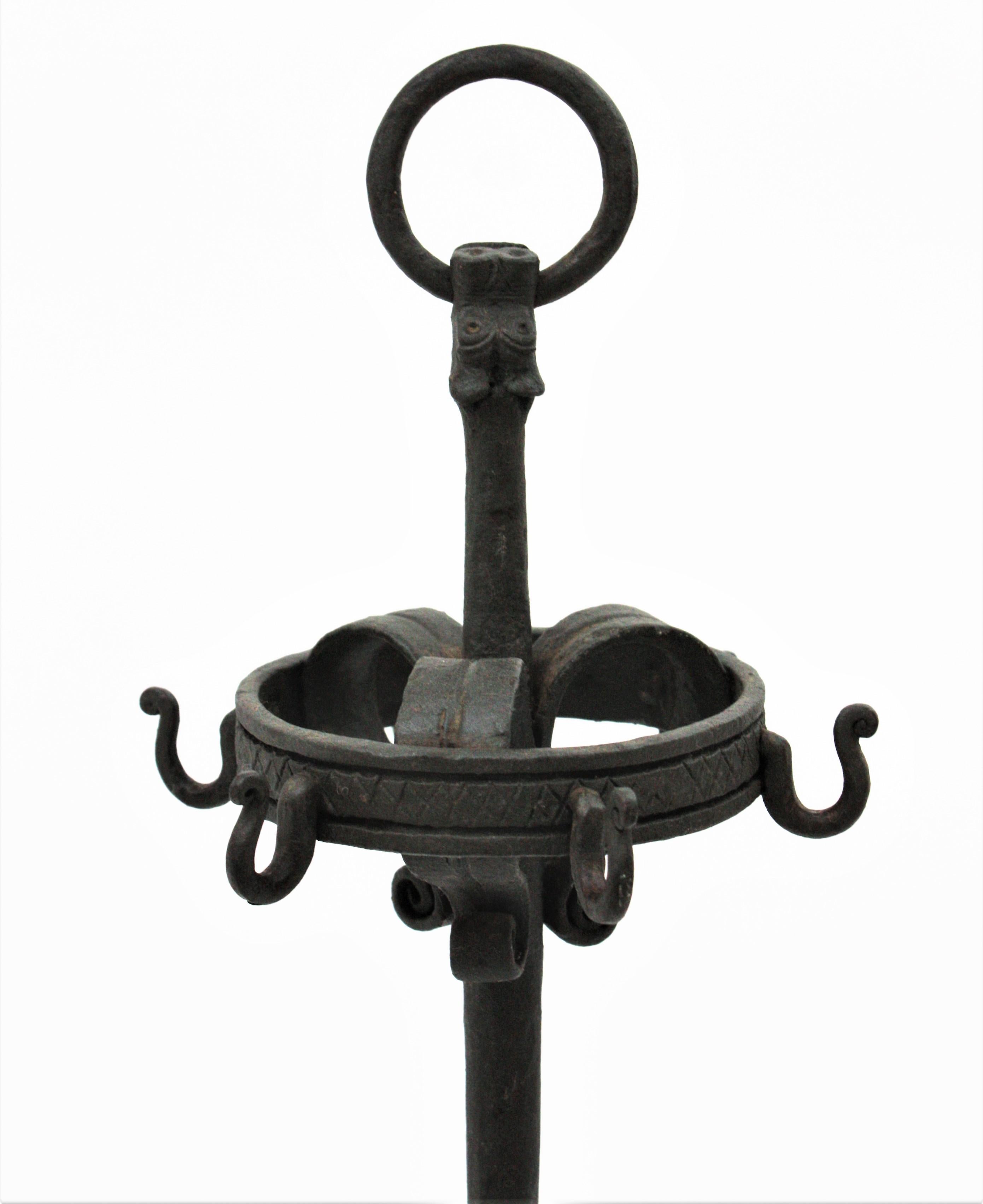 Spanish Gothic Revival Fireplace Tools Stand in Wrought Iron with Dragon Motif 8