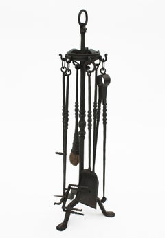 Spanish Gothic Revival Fireplace Tools Stand in Wrought Iron with Dragon Motif