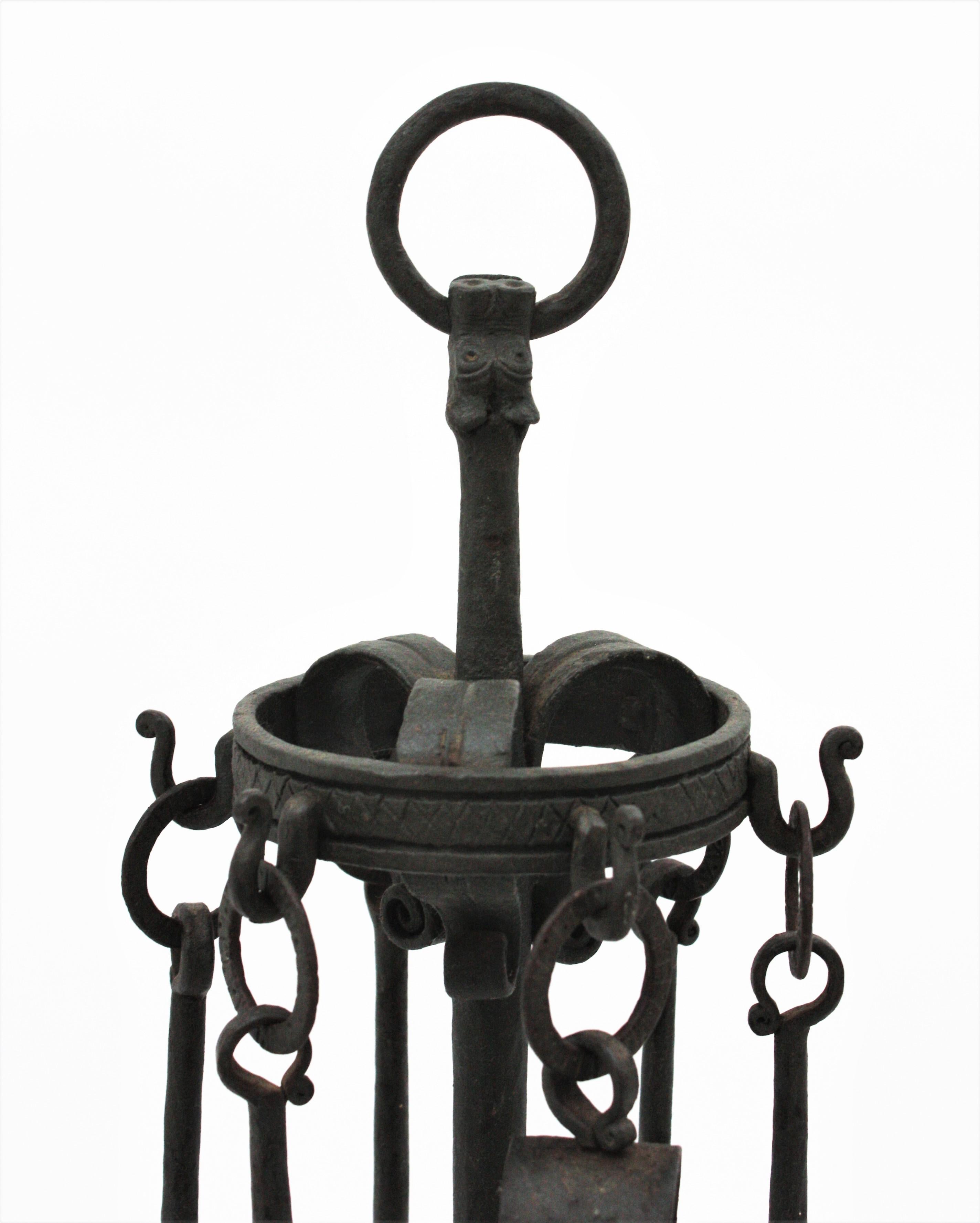 Forged Spanish Gothic Revival Fireplace Tools Stand in Wrought Iron with Dragon Motif
