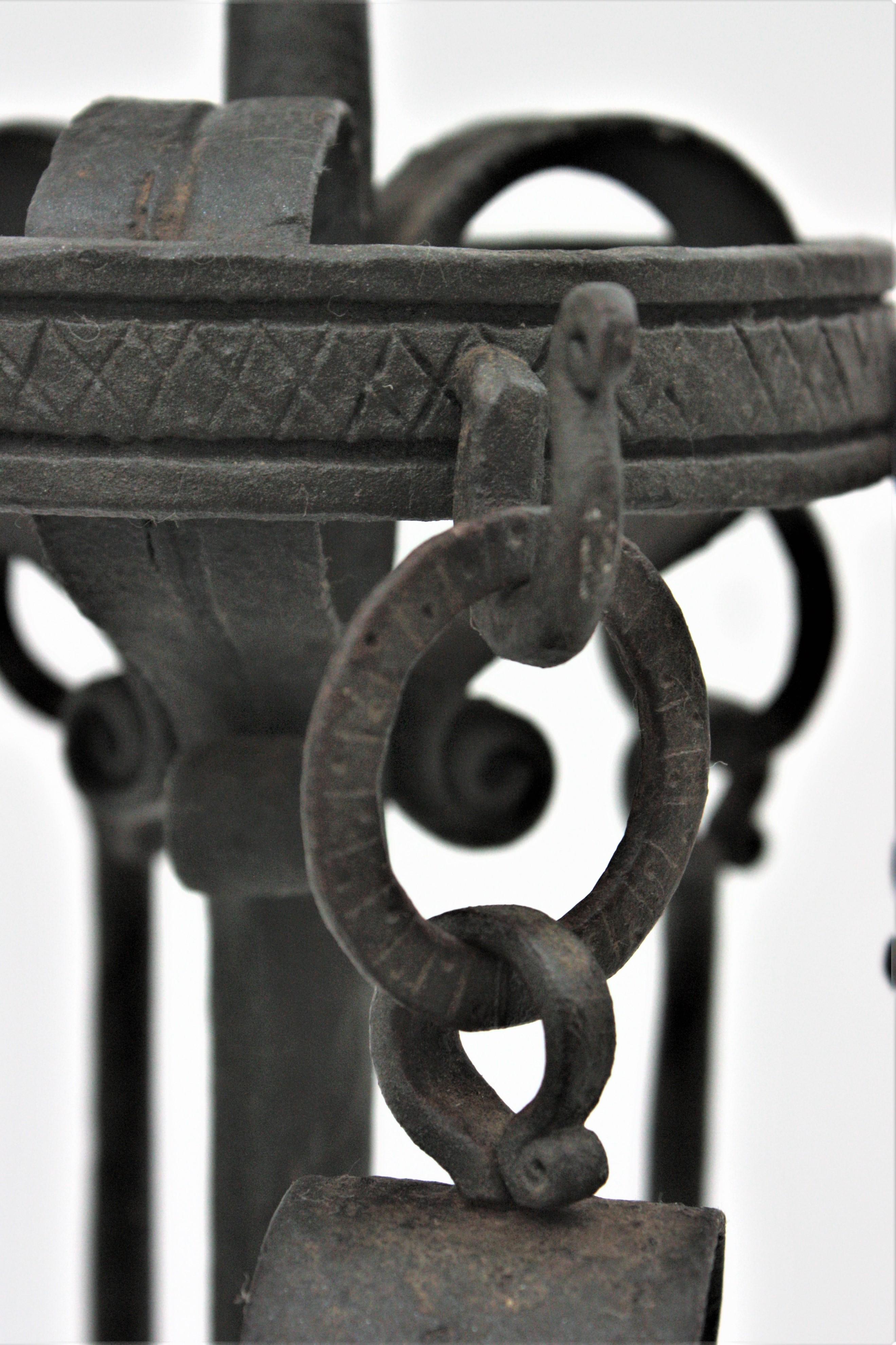 Spanish Gothic Revival Fireplace Tools Stand in Wrought Iron with Dragon Motif 2