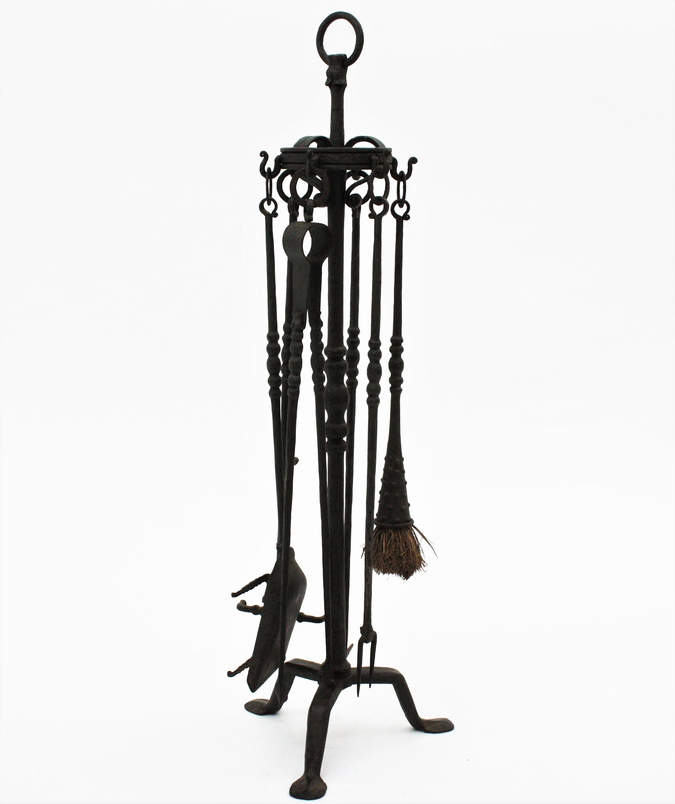 Spanish Gothic Revival Fireplace Tools Stand in Wrought Iron with Dragon Motif 3