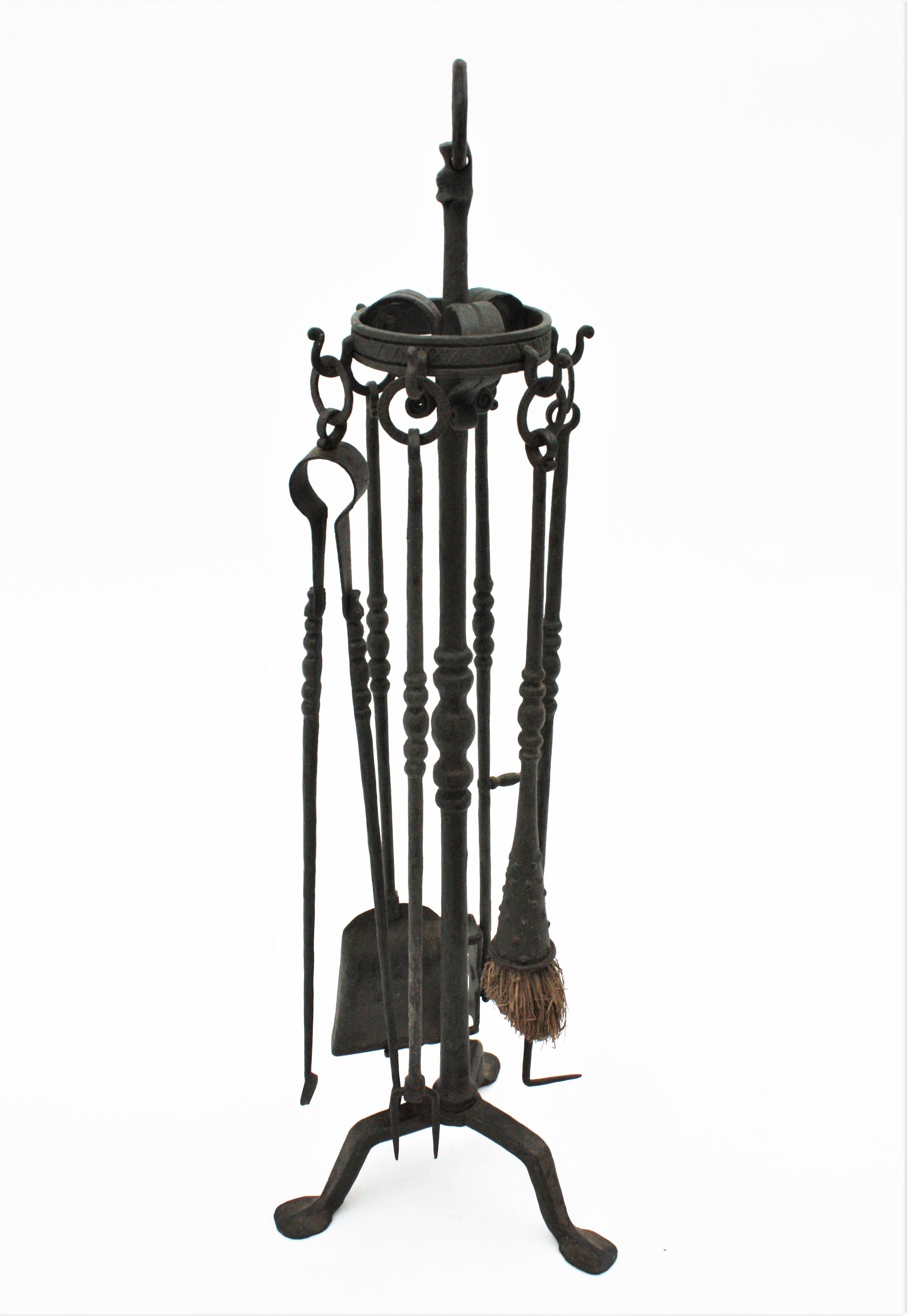Spanish Gothic Revival Fireplace Tools Stand in Wrought Iron with Dragon Motif 4