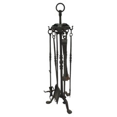 Spanish Gothic Revival Fireplace Tools Stand in Wrought Iron with Dragon Motif