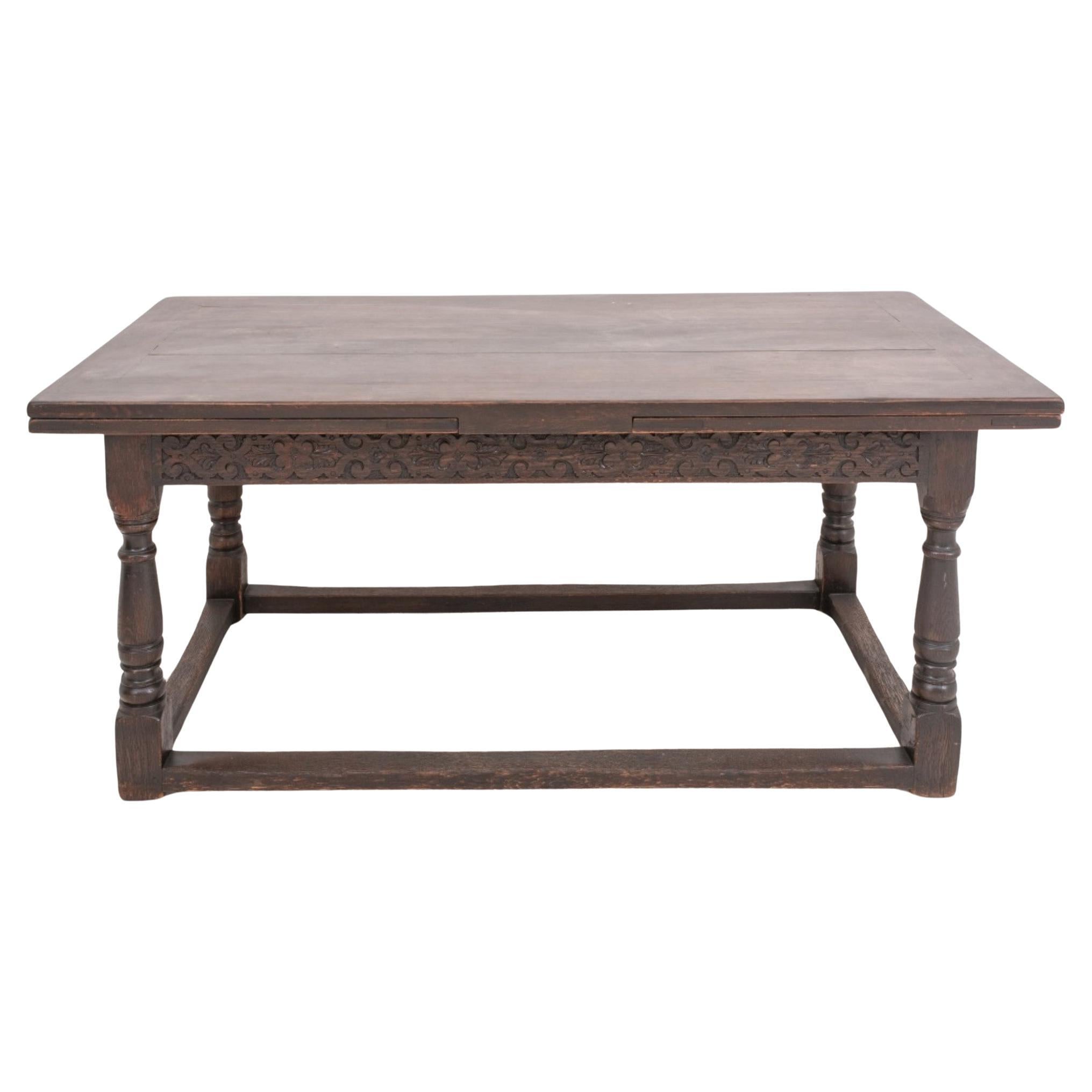 Spanish Gothic Revival Oak Draw Leaf Dining Table For Sale