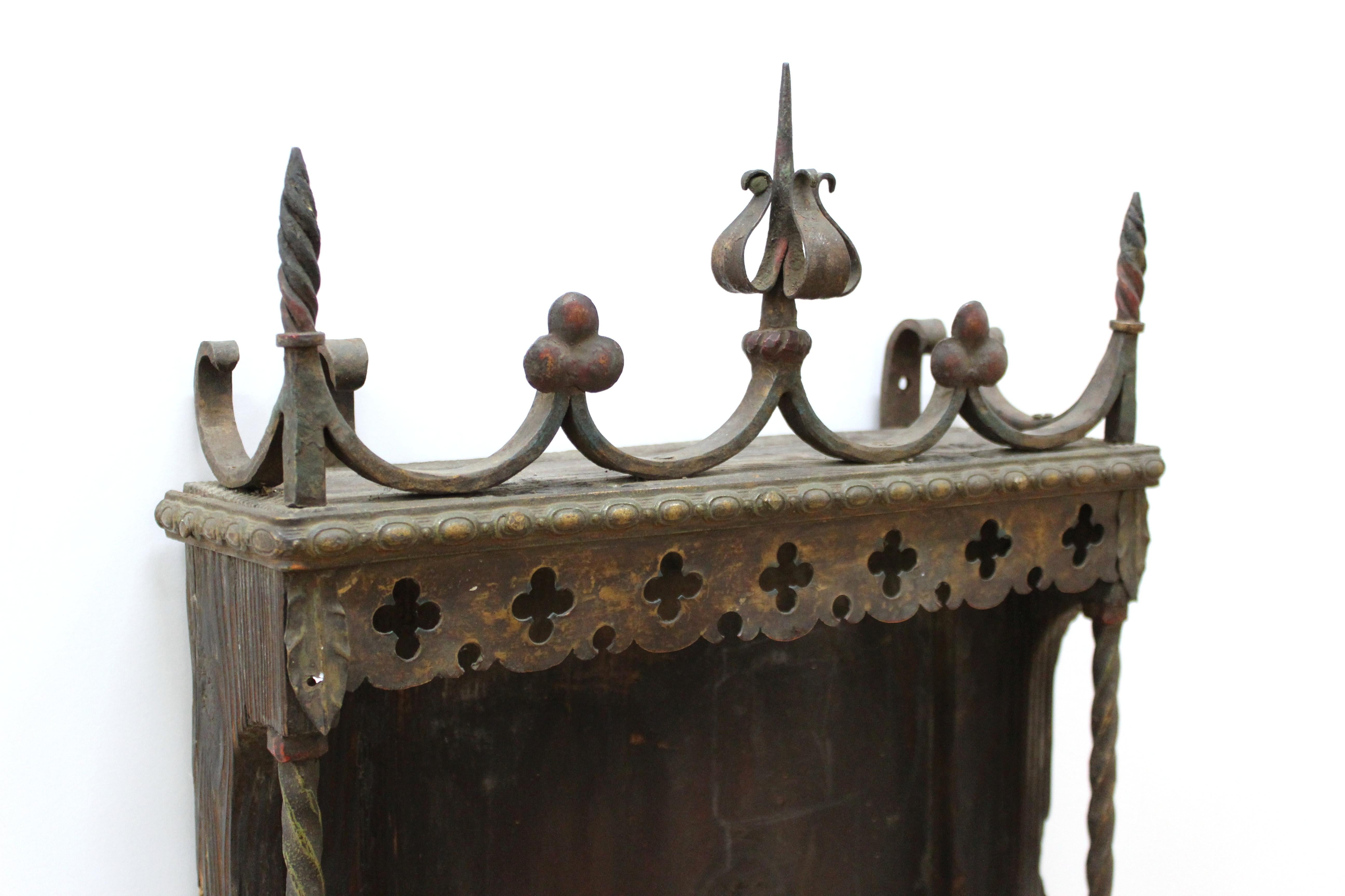 Spanish Gothic Revival Wrought Iron Wall Niche Altar Frame with Candle Sconces 7