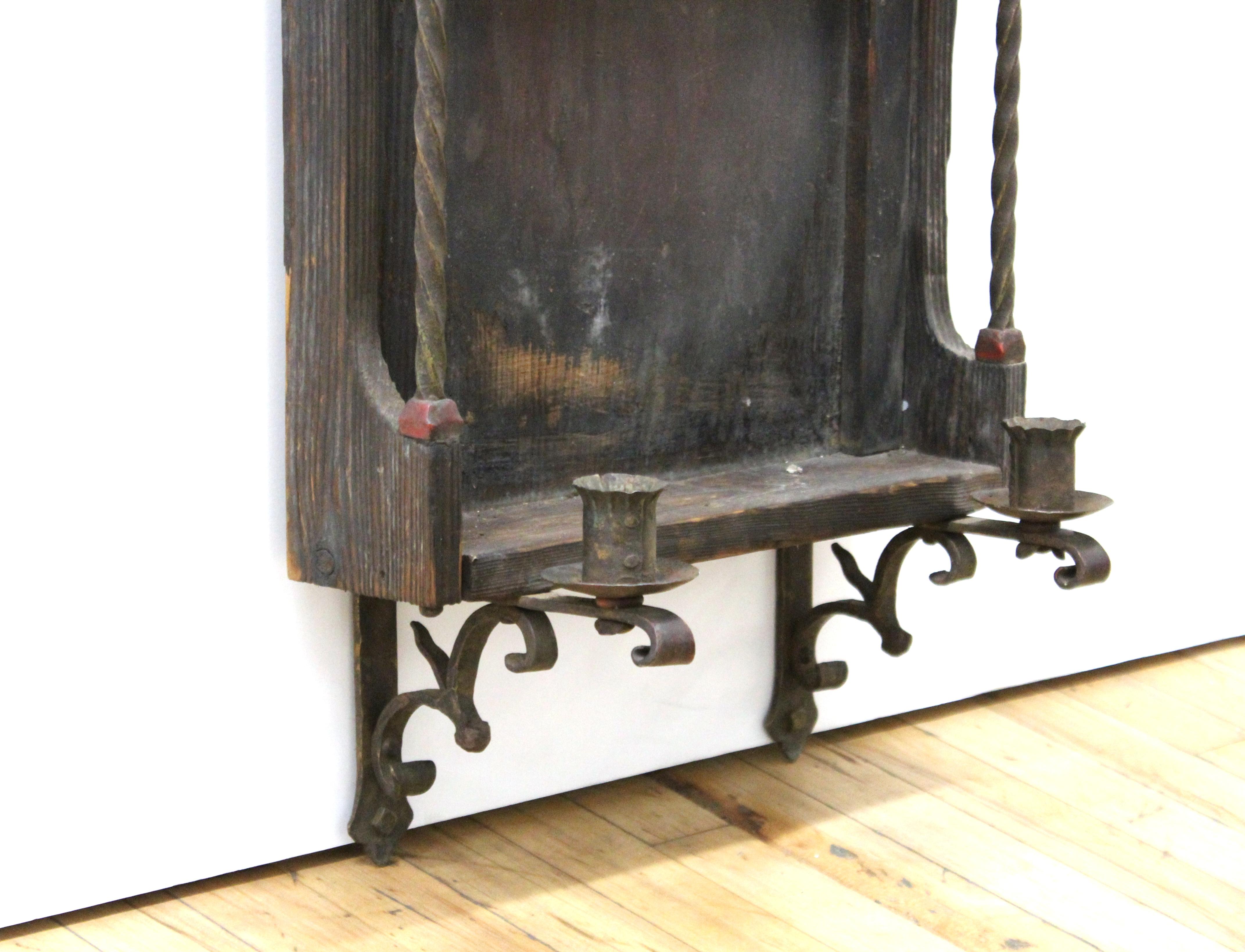 19th Century Spanish Gothic Revival Wrought Iron Wall Niche Altar Frame with Candle Sconces