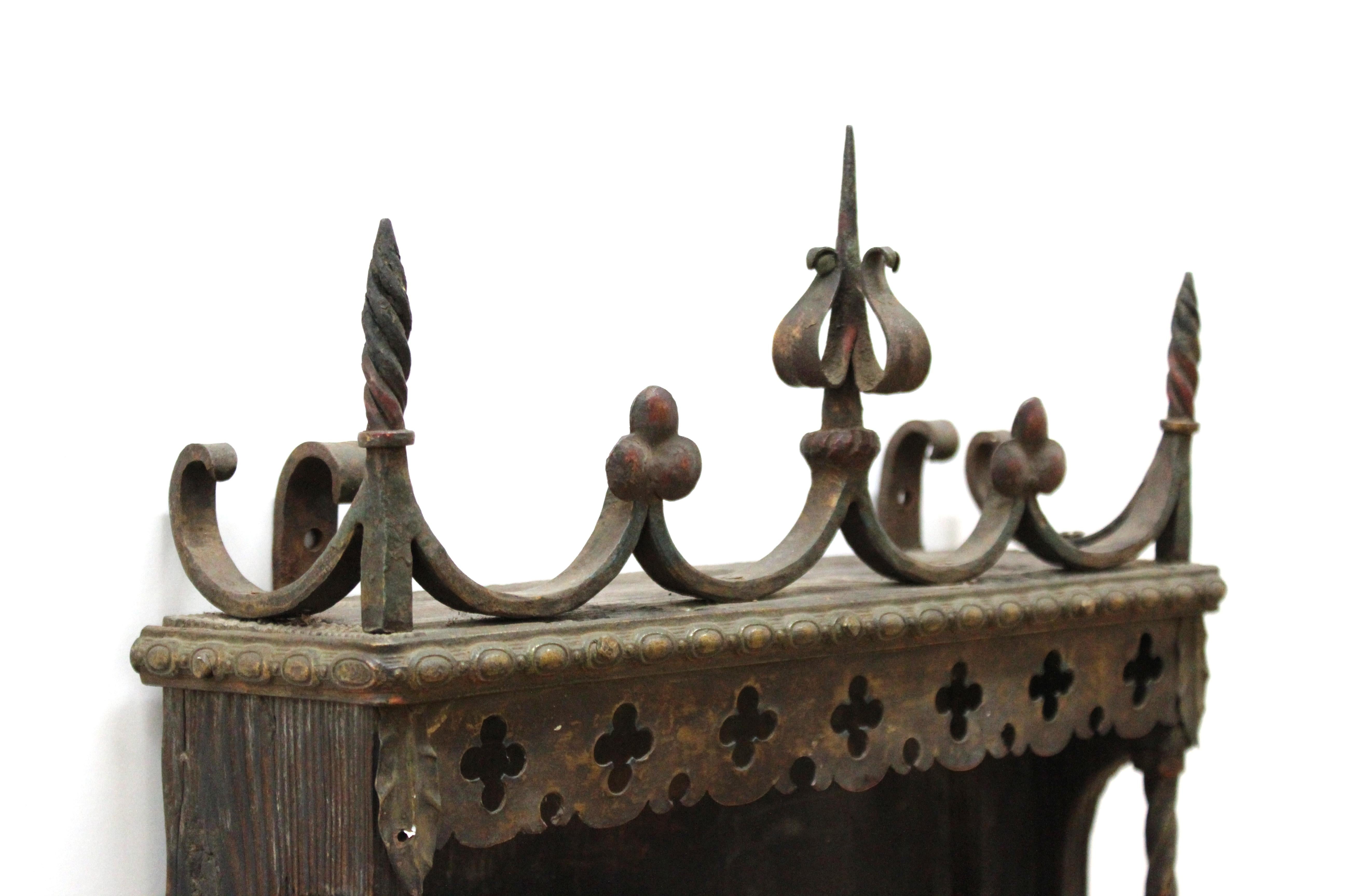 Wood Spanish Gothic Revival Wrought Iron Wall Niche Altar Frame with Candle Sconces