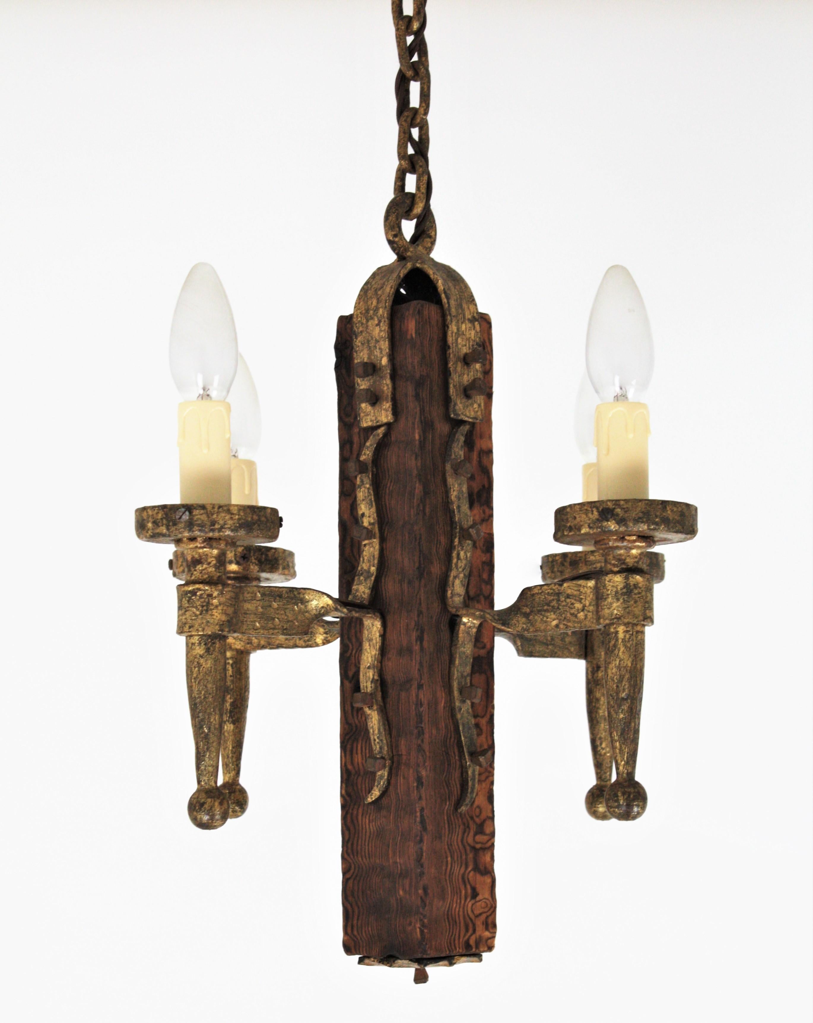 Spanish Gothic Style Chandelier in Gilt Wrought Iron and Wood with Nail Details 6