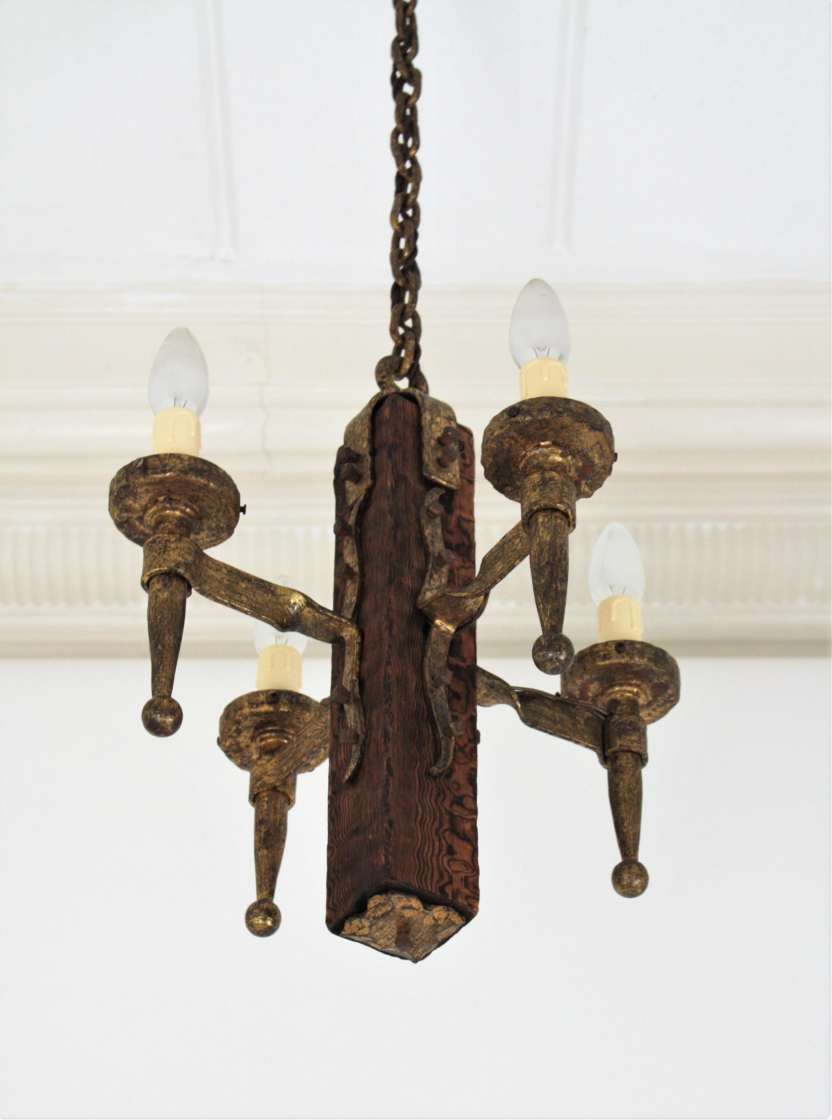 Spanish Gothic Style Chandelier in Gilt Wrought Iron and Wood with Nail Details 10