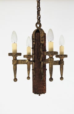 Spanish Gothic Style Chandelier in Gilt Wrought Iron and Wood with Nail Details