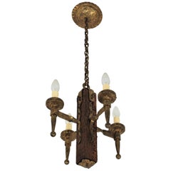 Spanish Gothic Style Chandelier in Gilt Wrought Iron and Wood with Nail Details