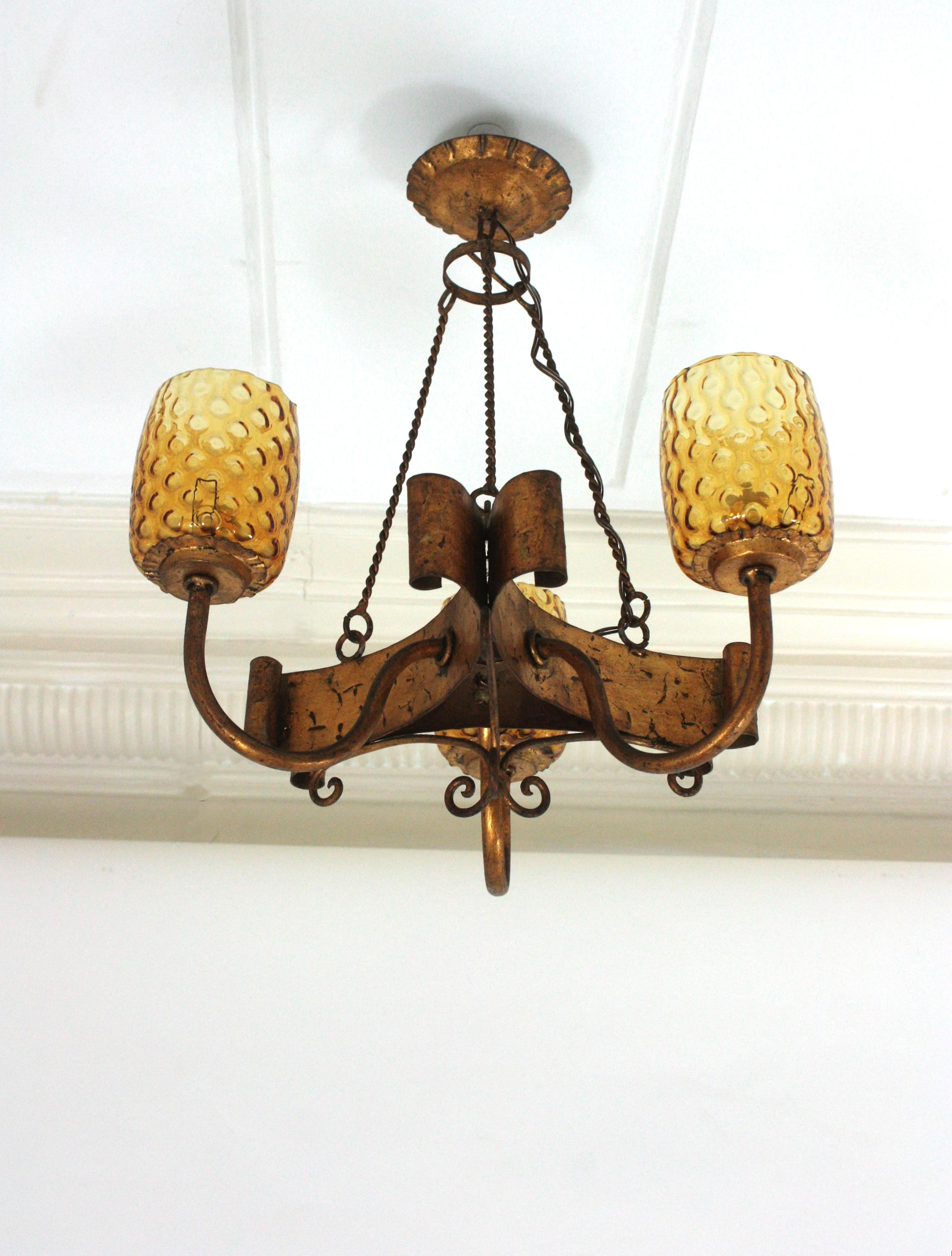 Spanish Gothic Style Chandelier with Amber Glass Shades, Gilt Wrought Iron For Sale 6