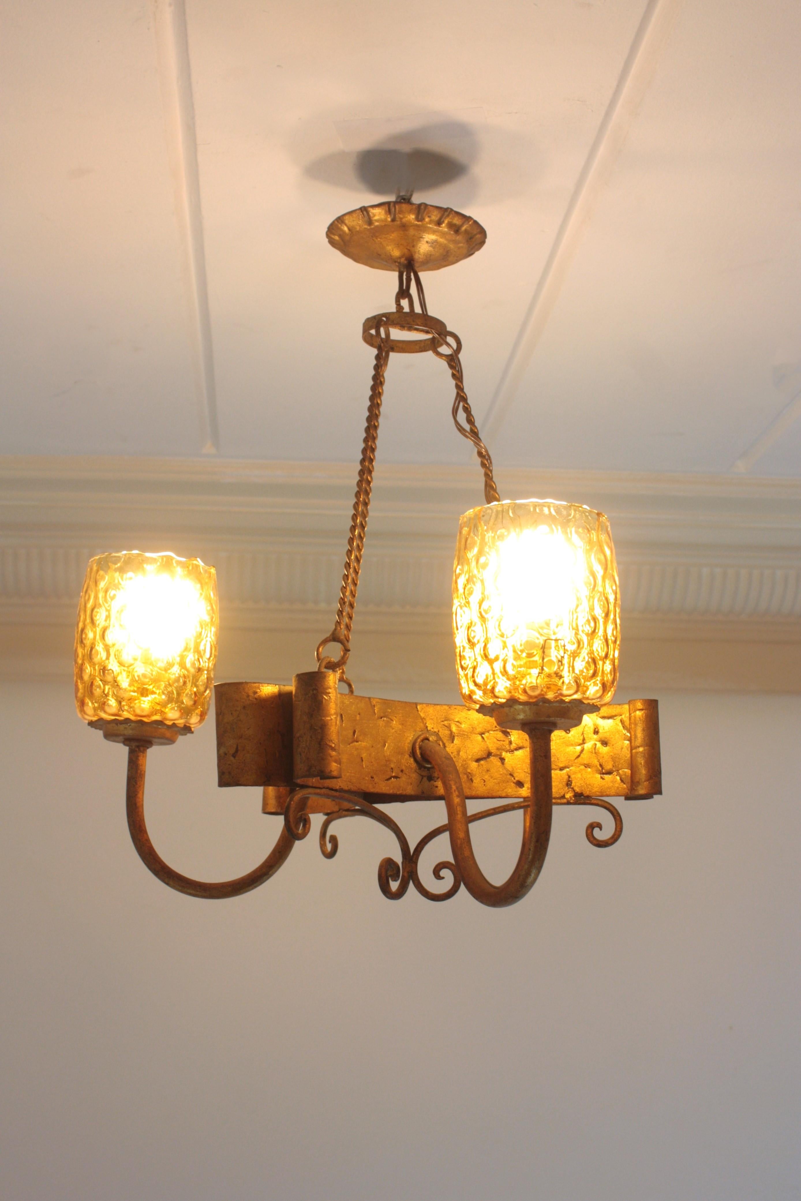 Spanish Gothic Style Chandelier with Amber Glass Shades, Gilt Wrought Iron For Sale 7