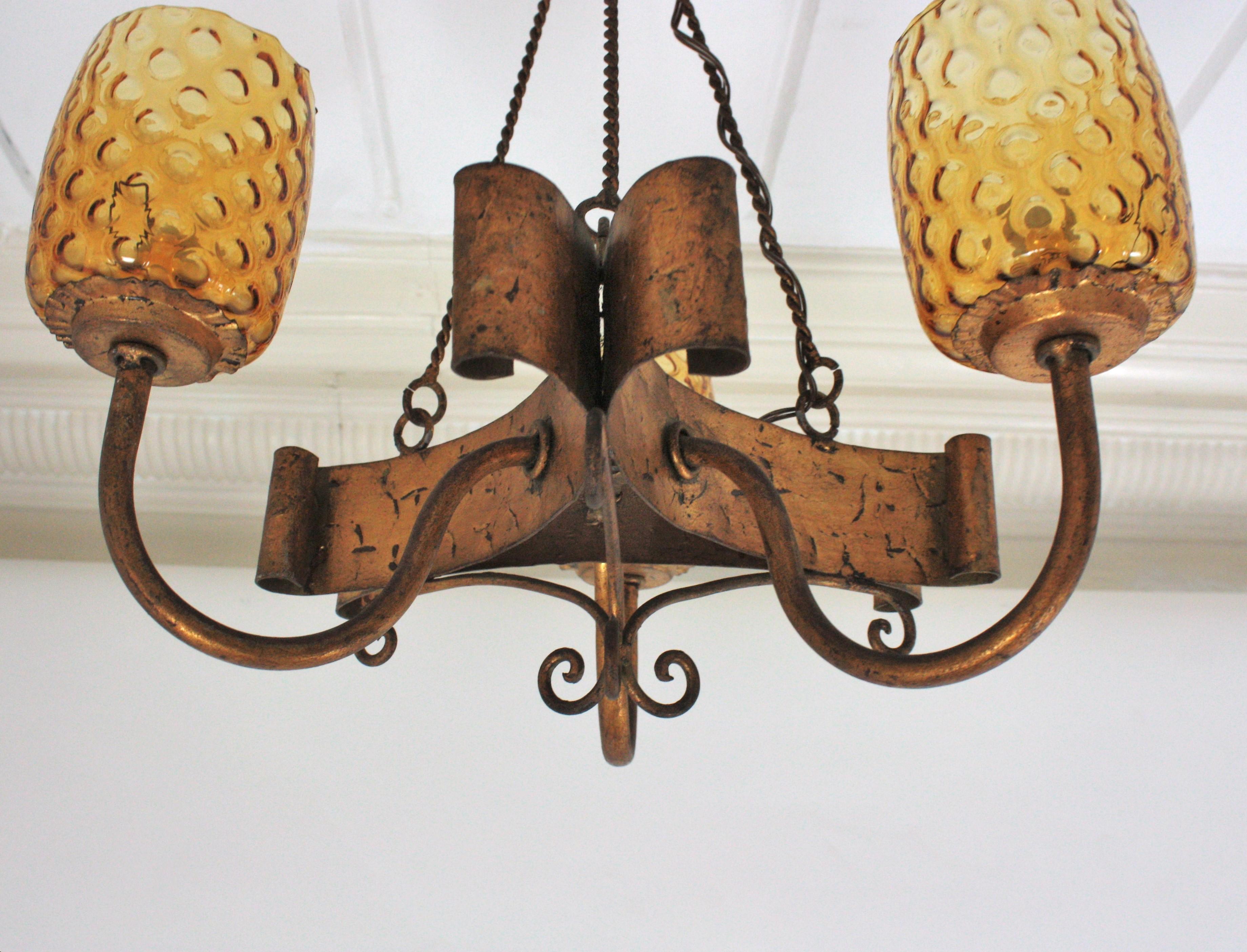 Spanish Gothic Style Chandelier with Amber Glass Shades, Gilt Wrought Iron For Sale 13