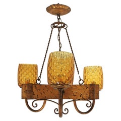 Spanish Gothic Style Chandelier with Amber Glass Shades, Gilt Wrought Iron