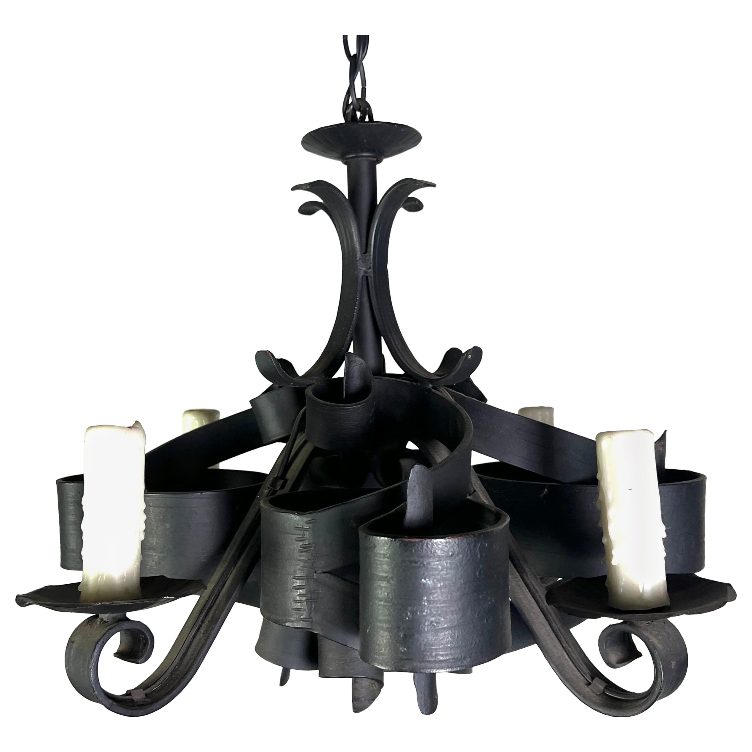 Spanish Gothic Style Hand Wrought Iron Chandelier C. 1940
s