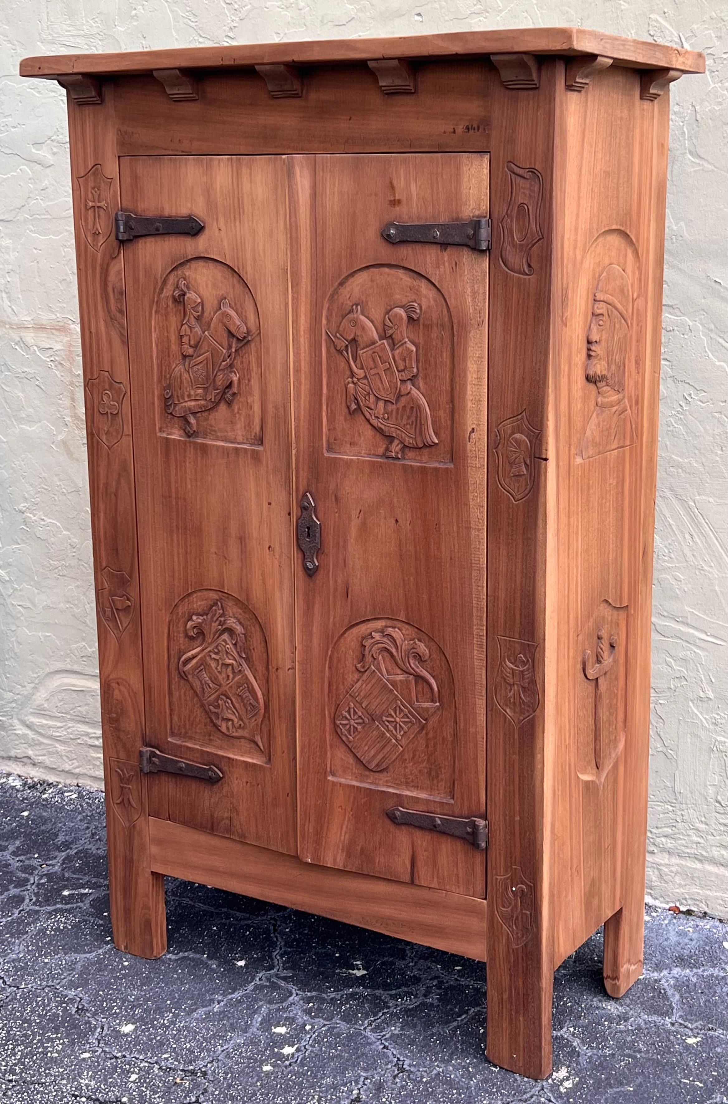Gothic Revival Spanish Gothic Style Walnut Entry Wardrobe with Five hangers and carvings For Sale