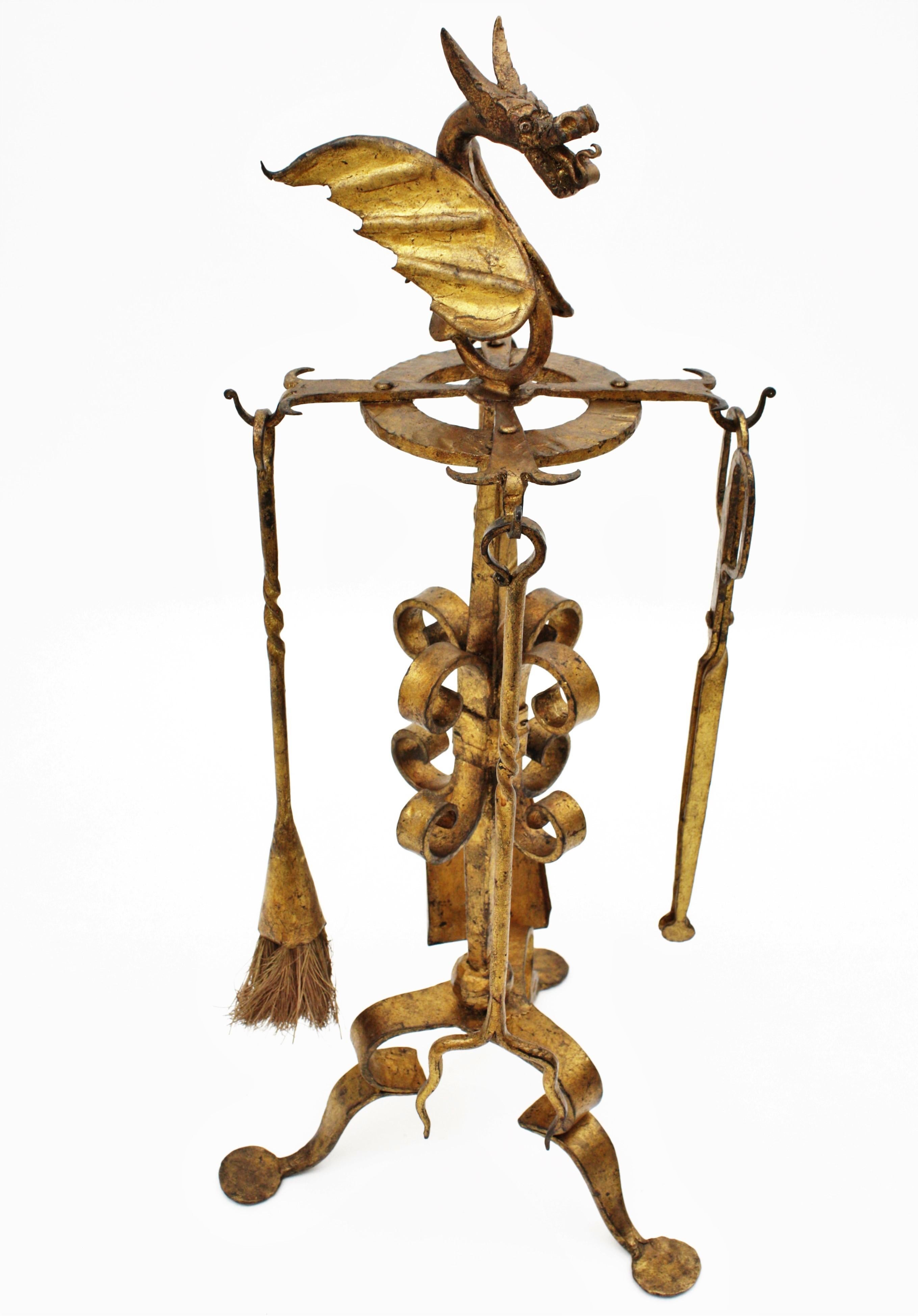 Forged Spanish Gothic Revival Fireplace Tools Stand in Gilt Iron with Dragon Motif 