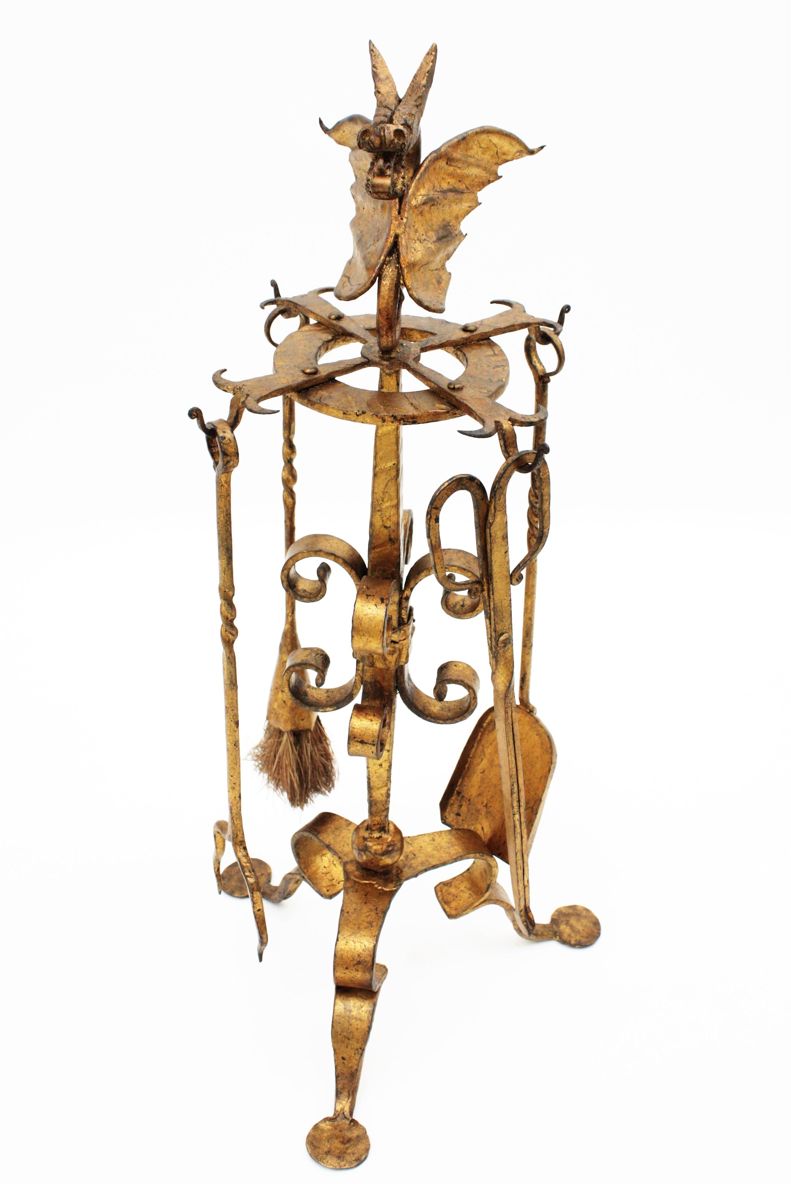 20th Century Spanish Gothic Revival Fireplace Tools Stand in Gilt Iron with Dragon Motif 