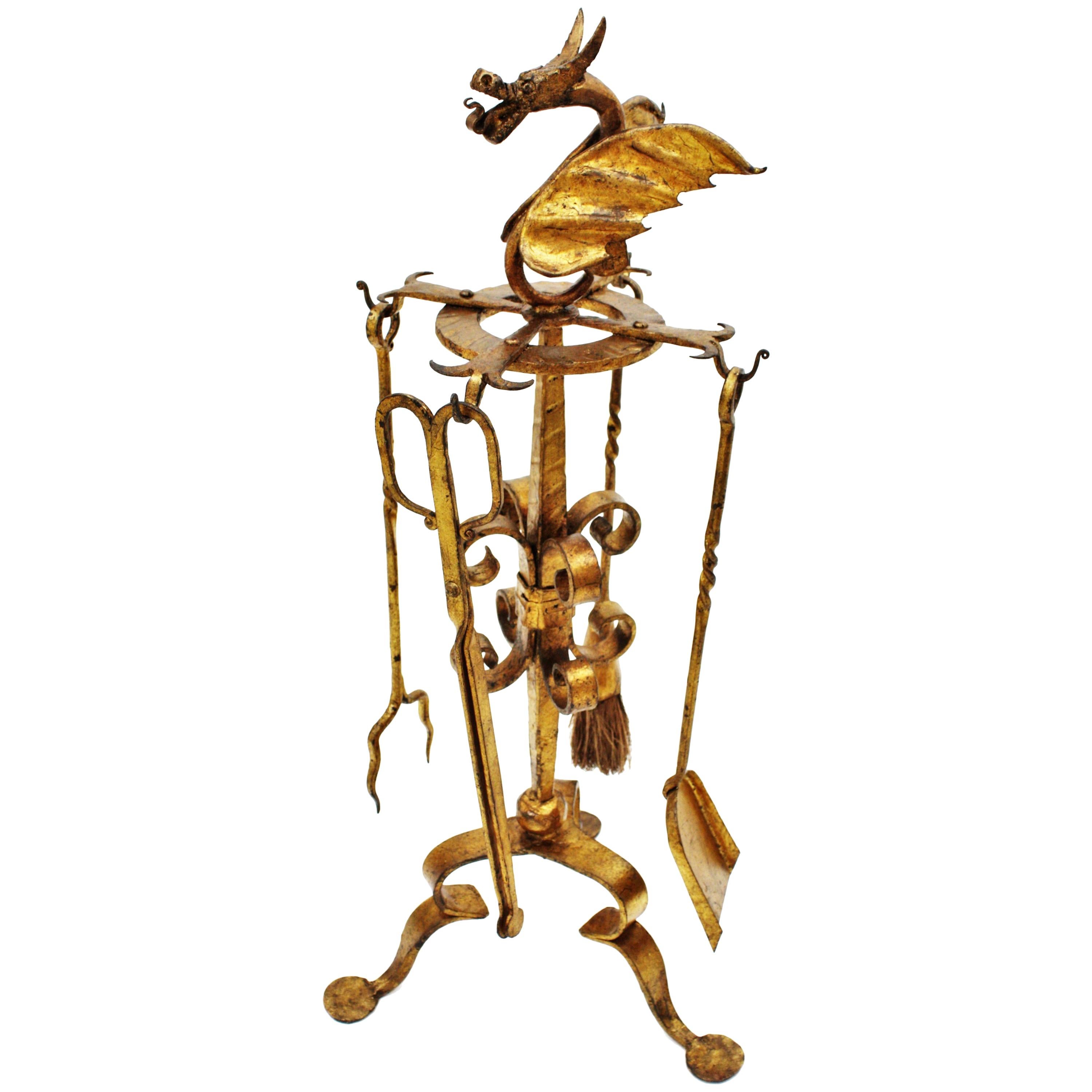 Spanish Gothic Revival Fireplace Tools Stand in Gilt Iron with Dragon Motif 