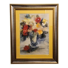 Spanish Gouache on Paper Still Life with Flowers signed