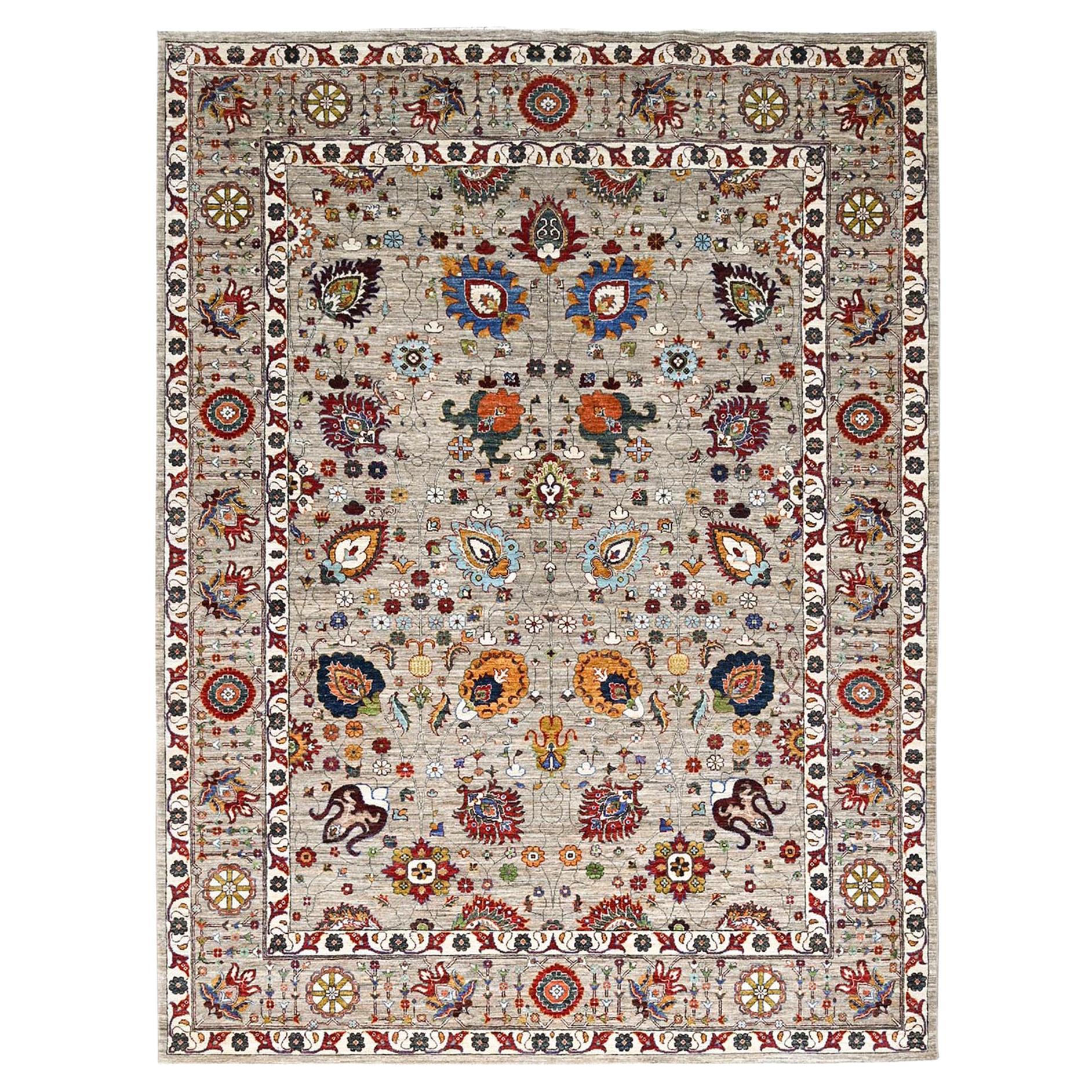 Spanish Gray Hand Knotted Sultani Floral Pattern Wool Oriental Rug 8'10" x 11'7" For Sale