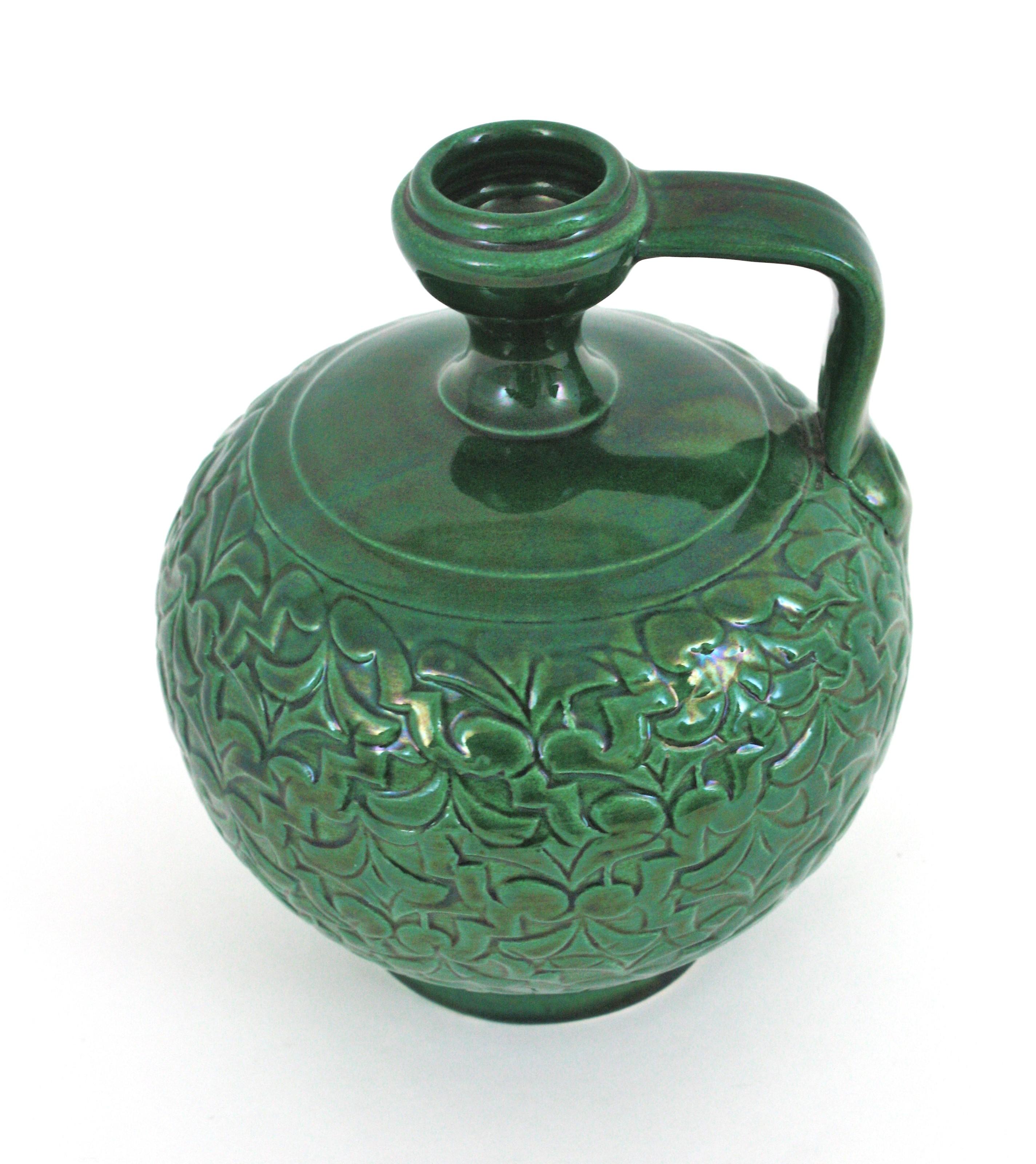 Fatto a mano Vaso brocca in ceramica verde spagnola, anni '50 in vendita