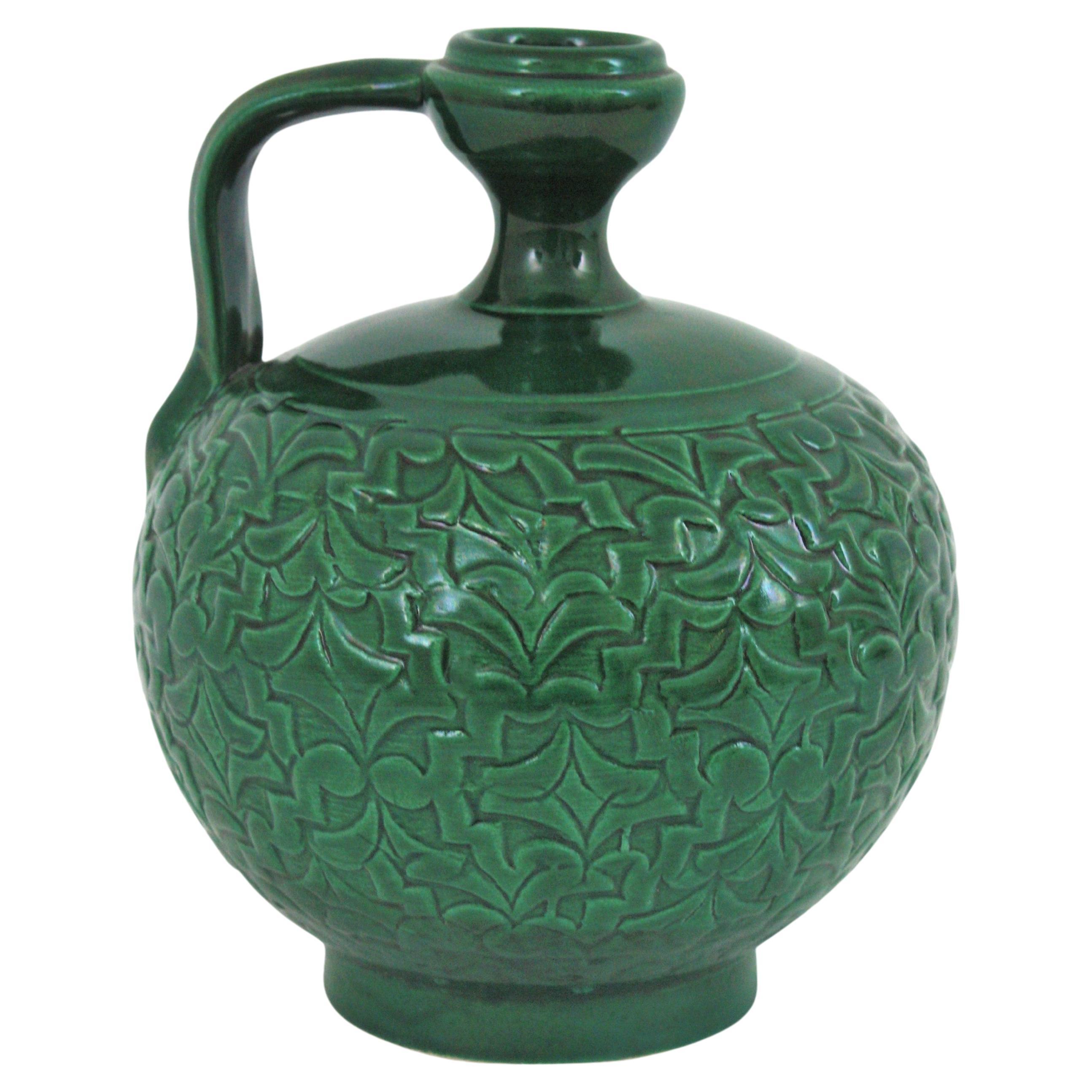Spanish Green Ceramic Jug Vase, 1950s