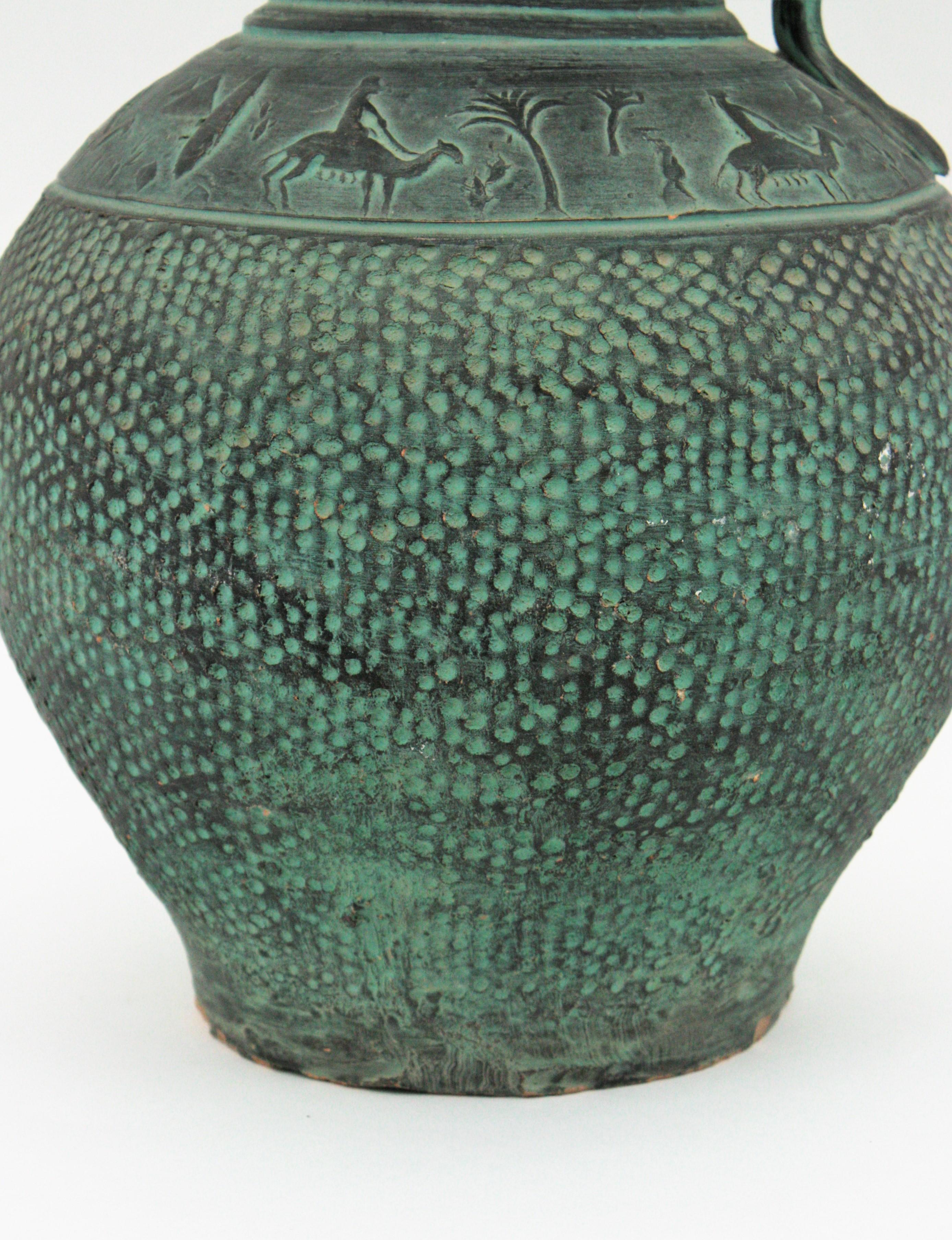 Hand-Crafted Spanish Green Terracota Urn Jug or Vessel For Sale