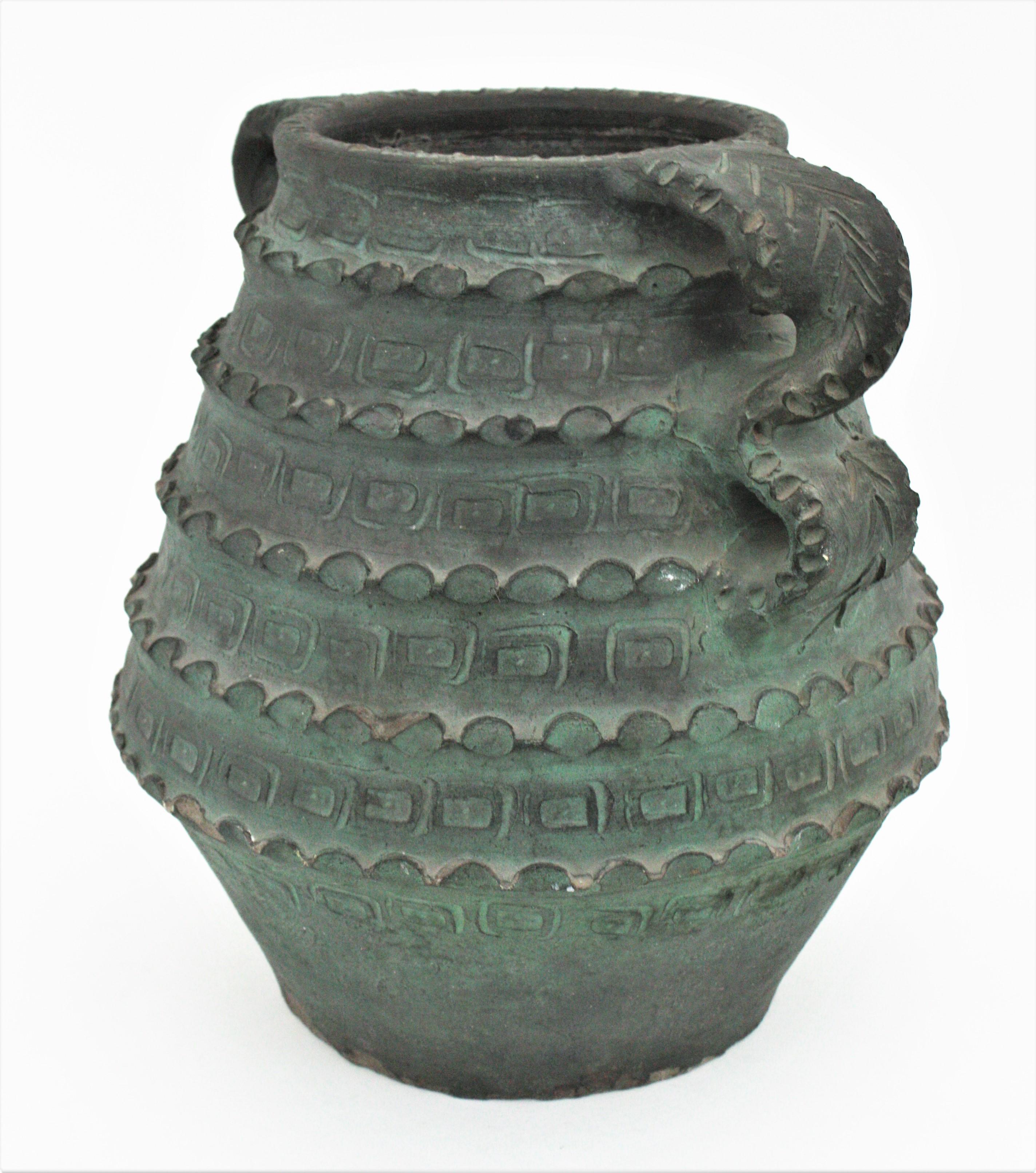 Folk Art Spanish Green Terracota Urn Vase or Vessel
