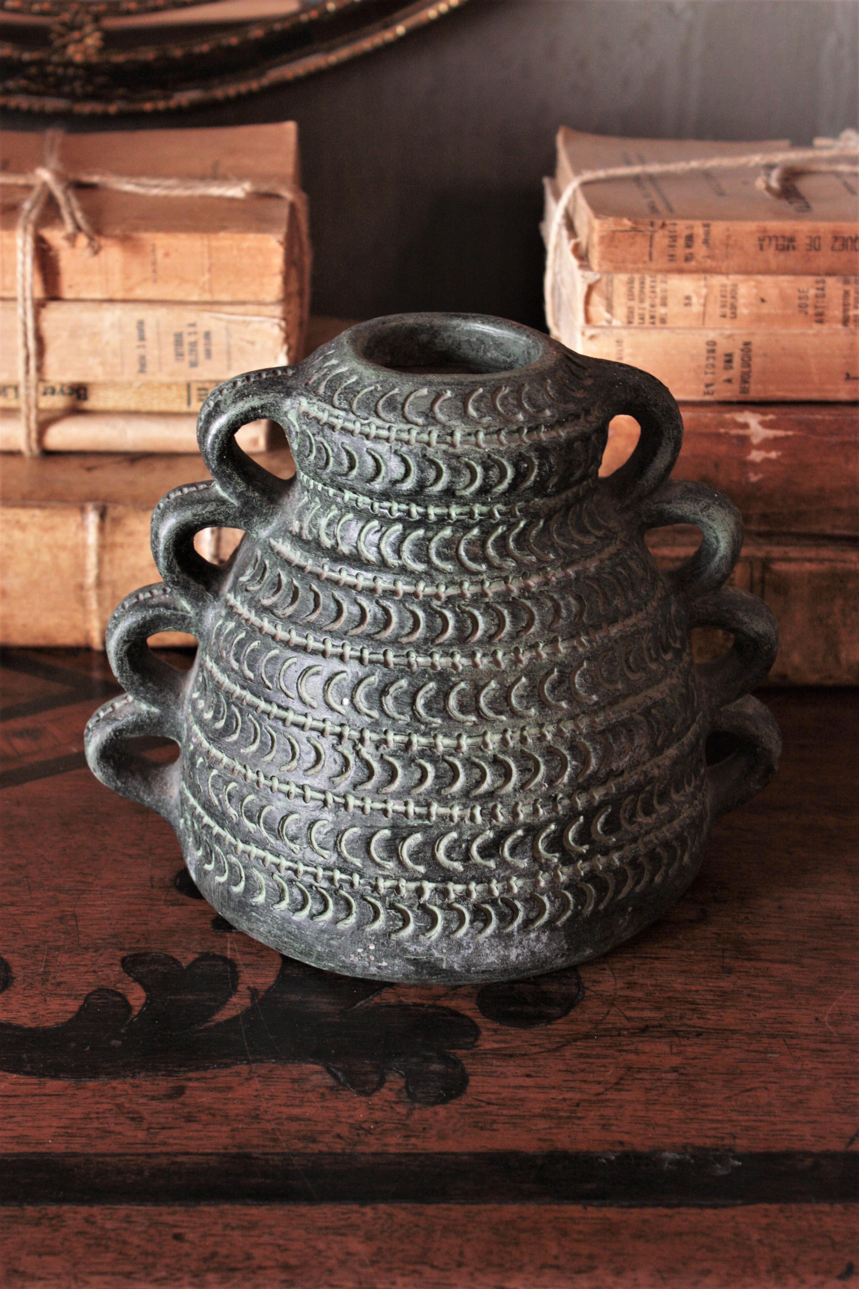 Folk Art Spanish Green Terracotta Urn Vase or Vessel For Sale