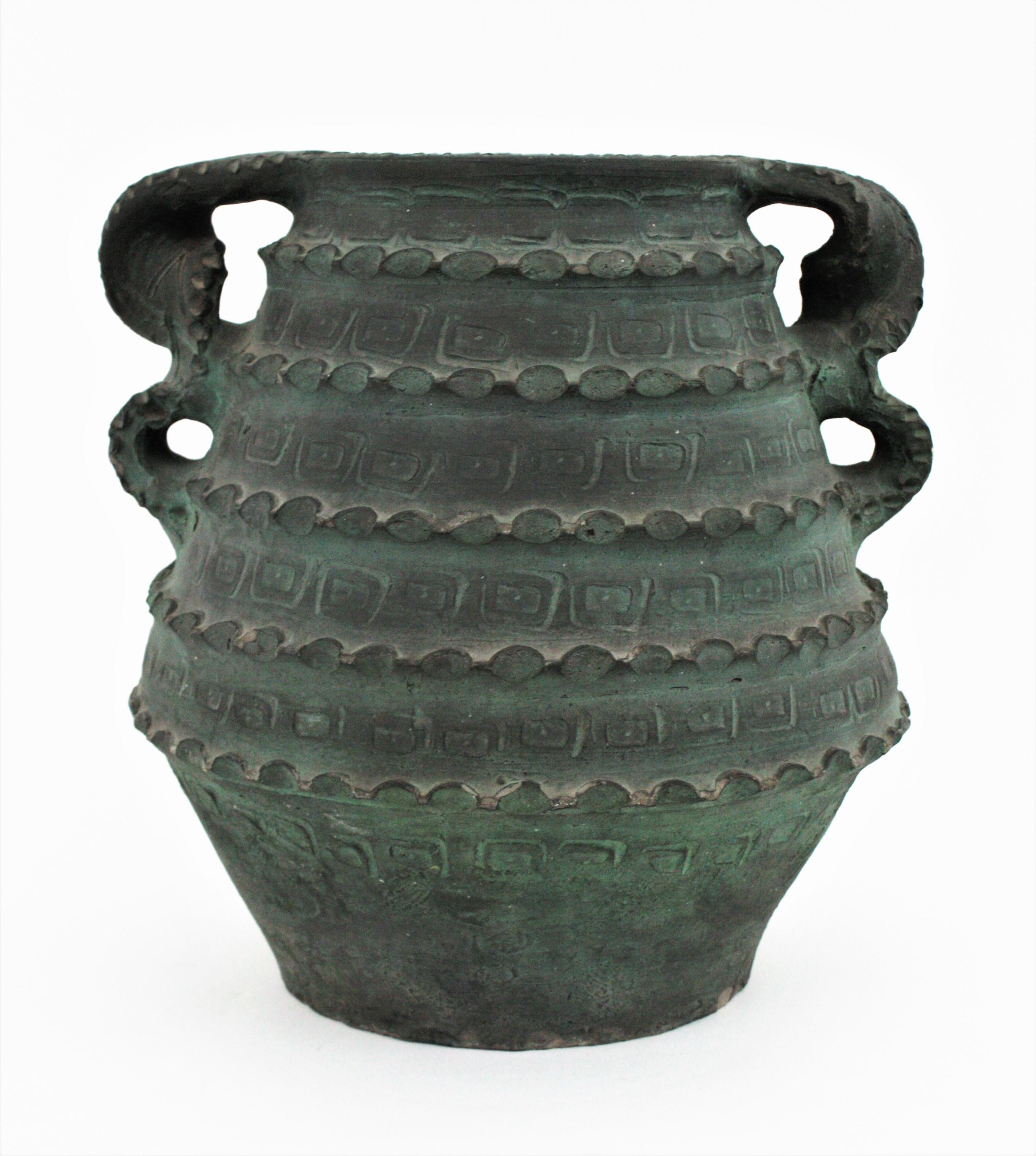 Hand-Crafted Spanish Green Terracota Urn Vase or Vessel