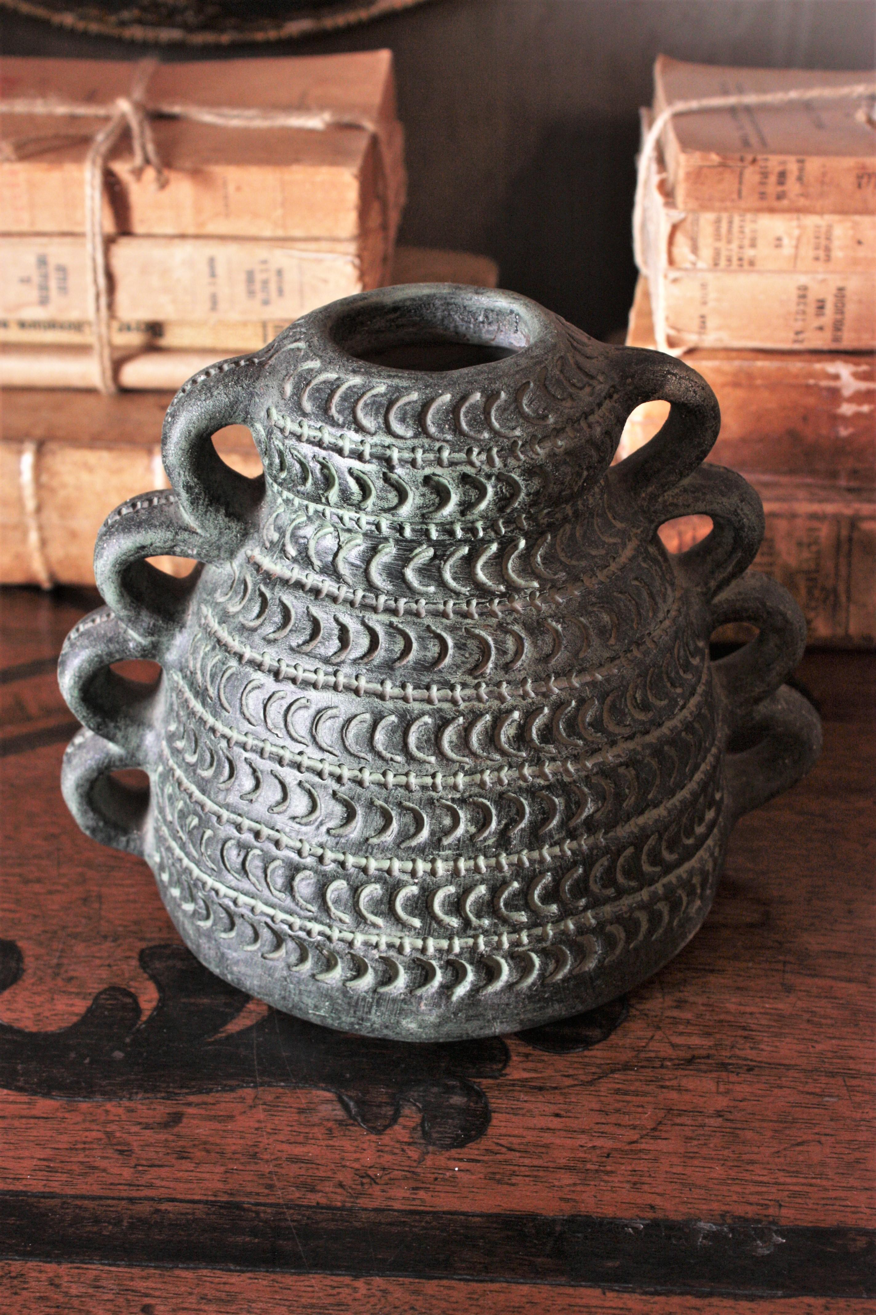 Pottery Spanish Green Terracotta Urn Vase or Vessel For Sale