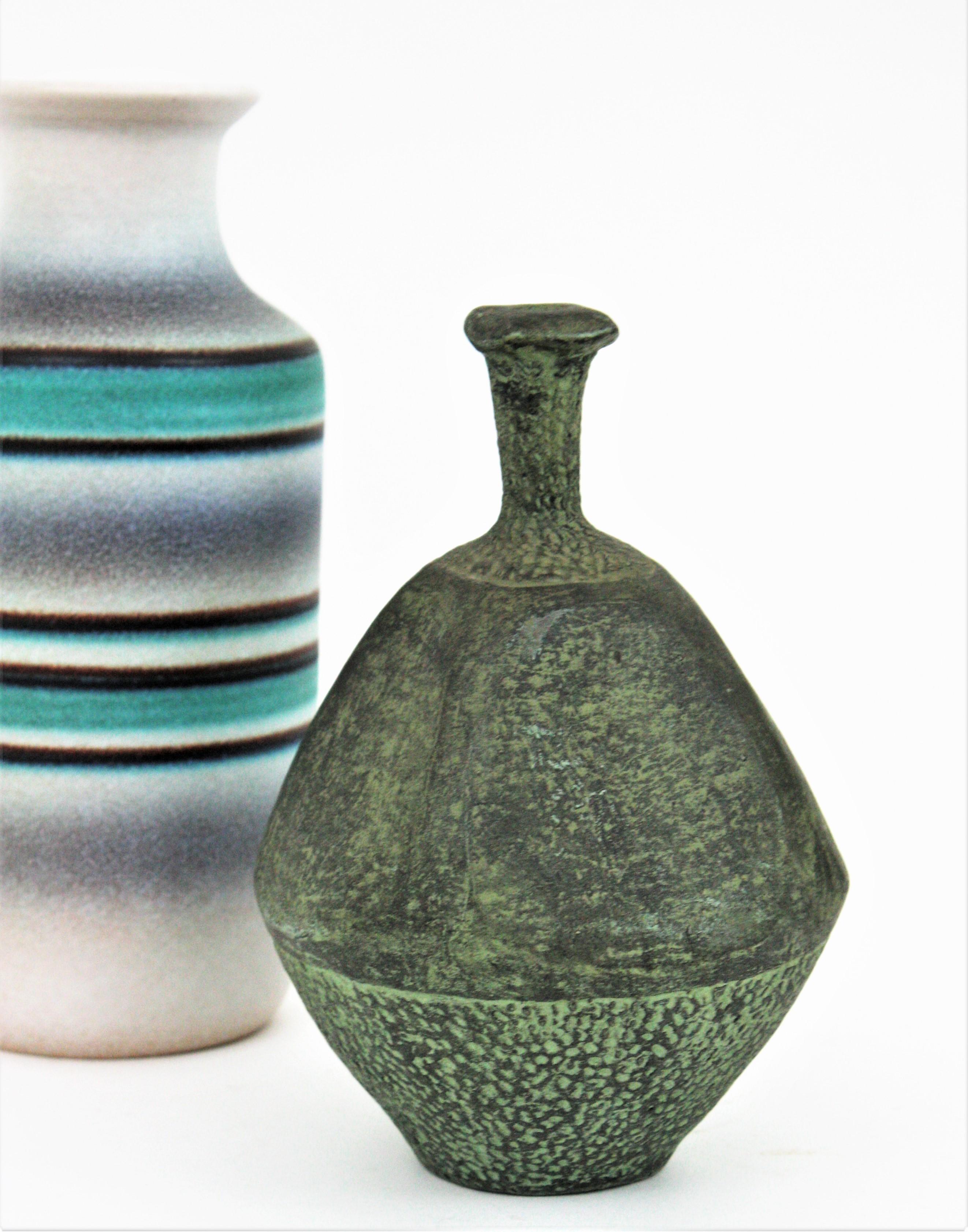 Folk Art Spanish Green Terracotta Bottle Vase or Vessel For Sale